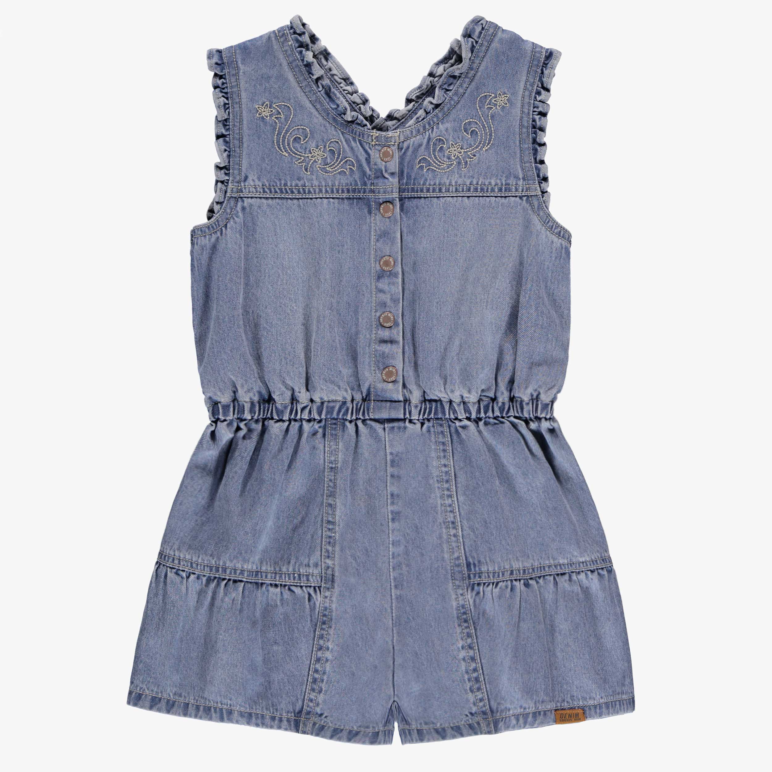 Combishort bleu en denim avec broderies, enfant