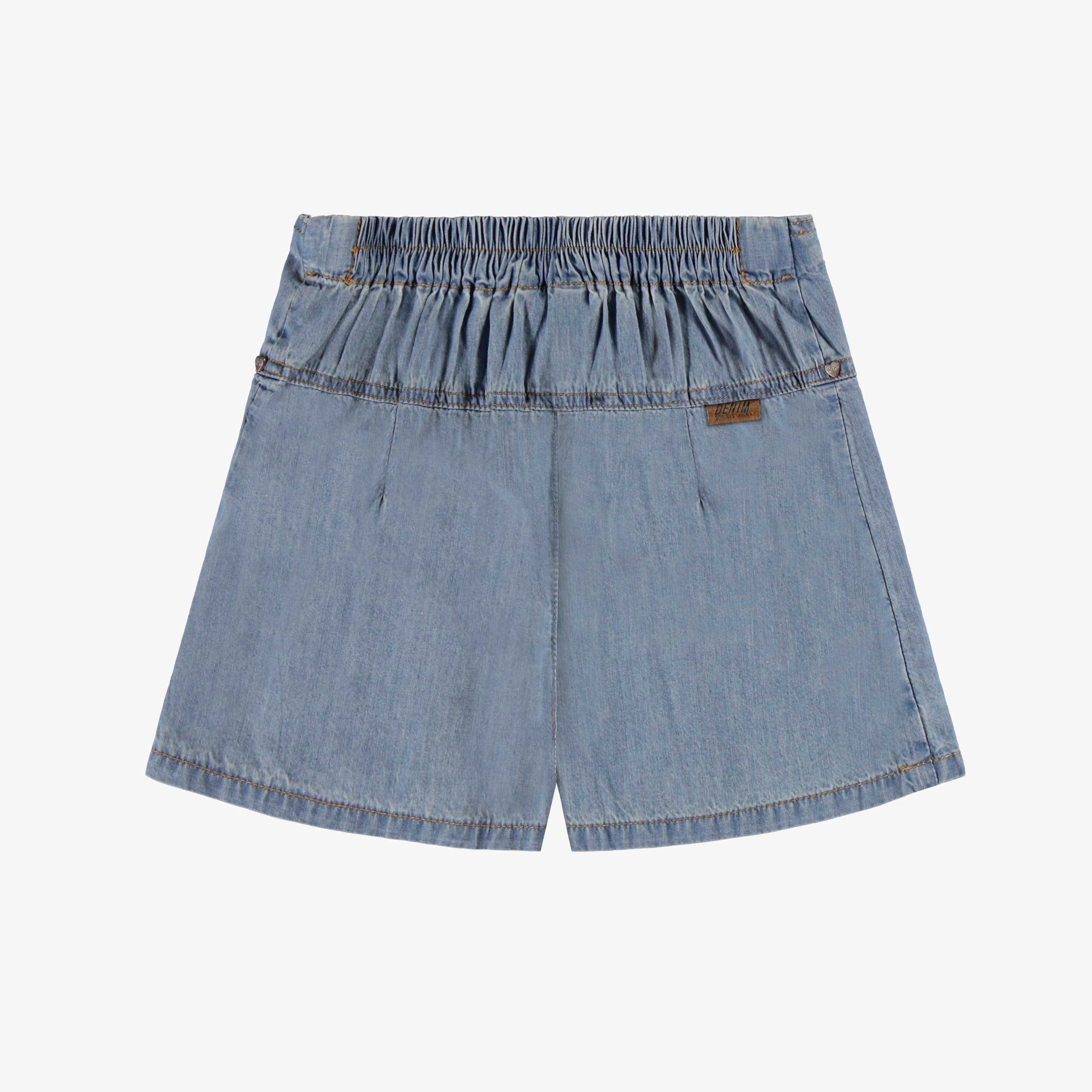 Dos de la jupe short à plis bleu pâle en denim léger, enfant