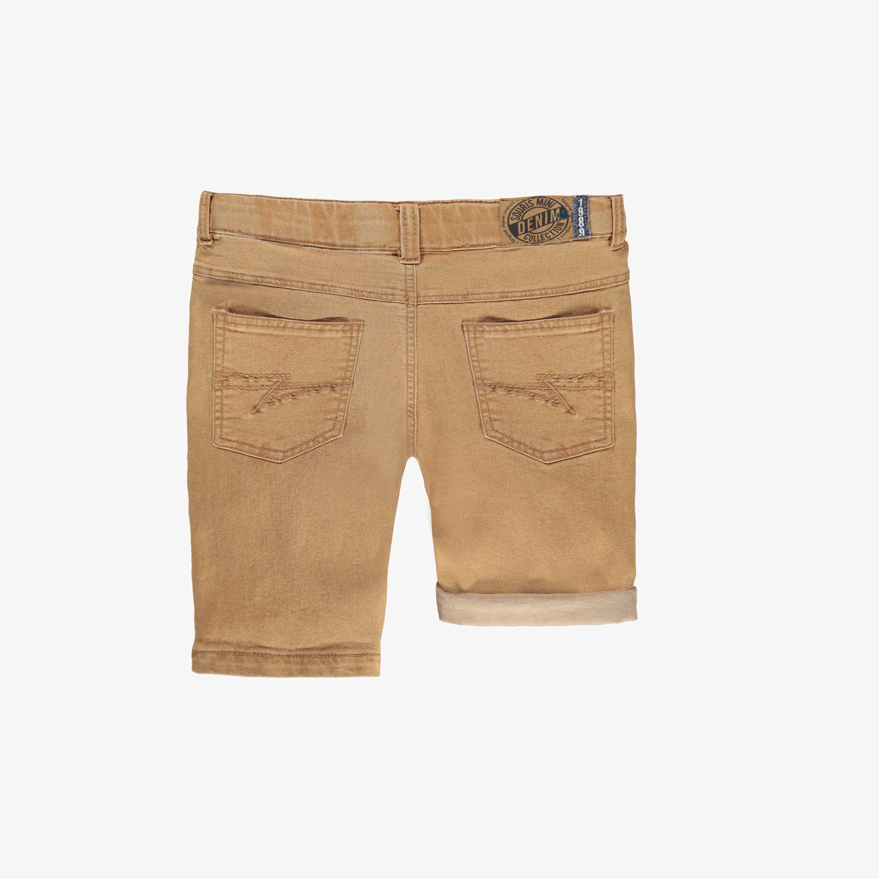 Dos du bermuda jaune ocre en denim extensible à effet usé, enfant
