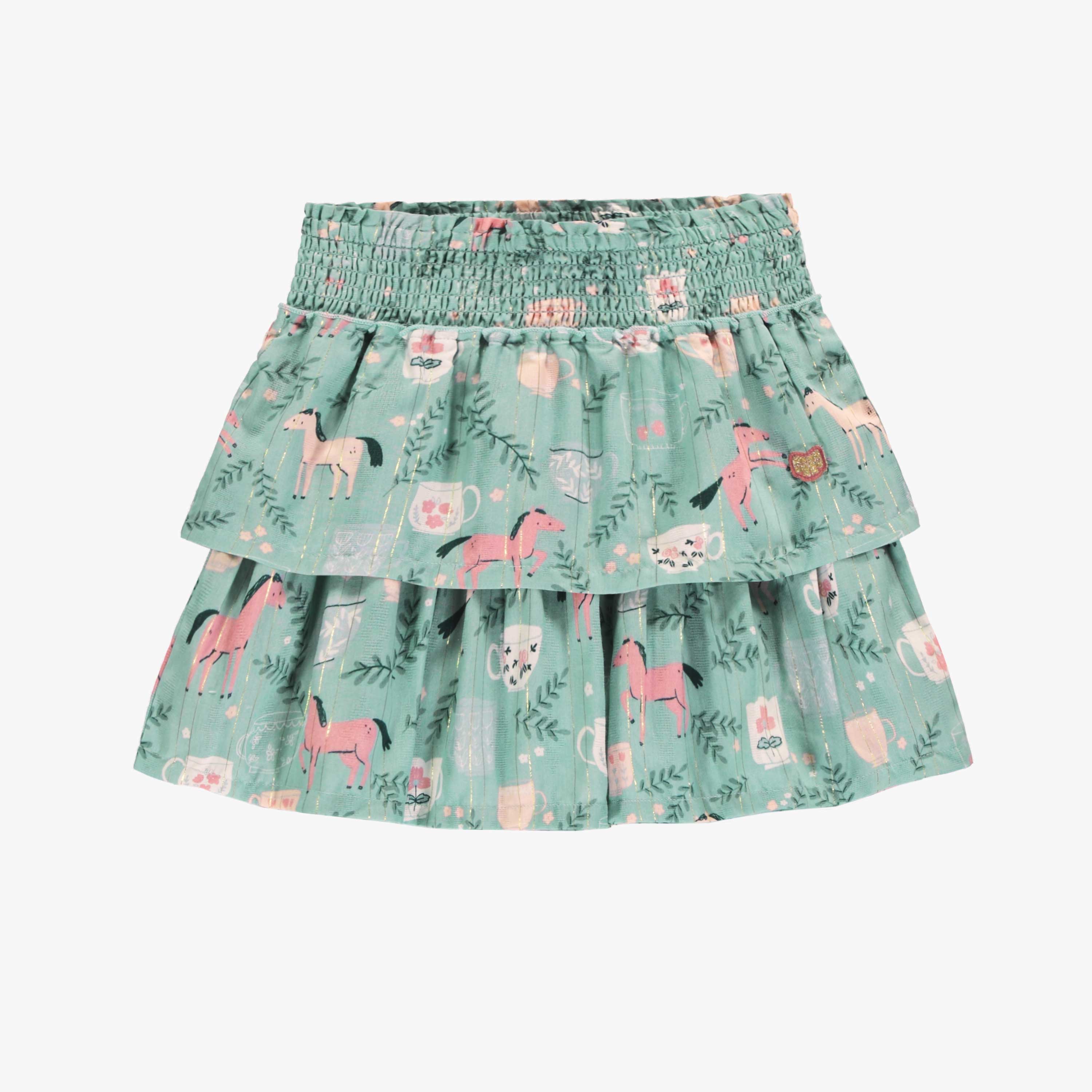 Jupe turquoise cendré en popeline scintillante à motifs de chevaux, enfant