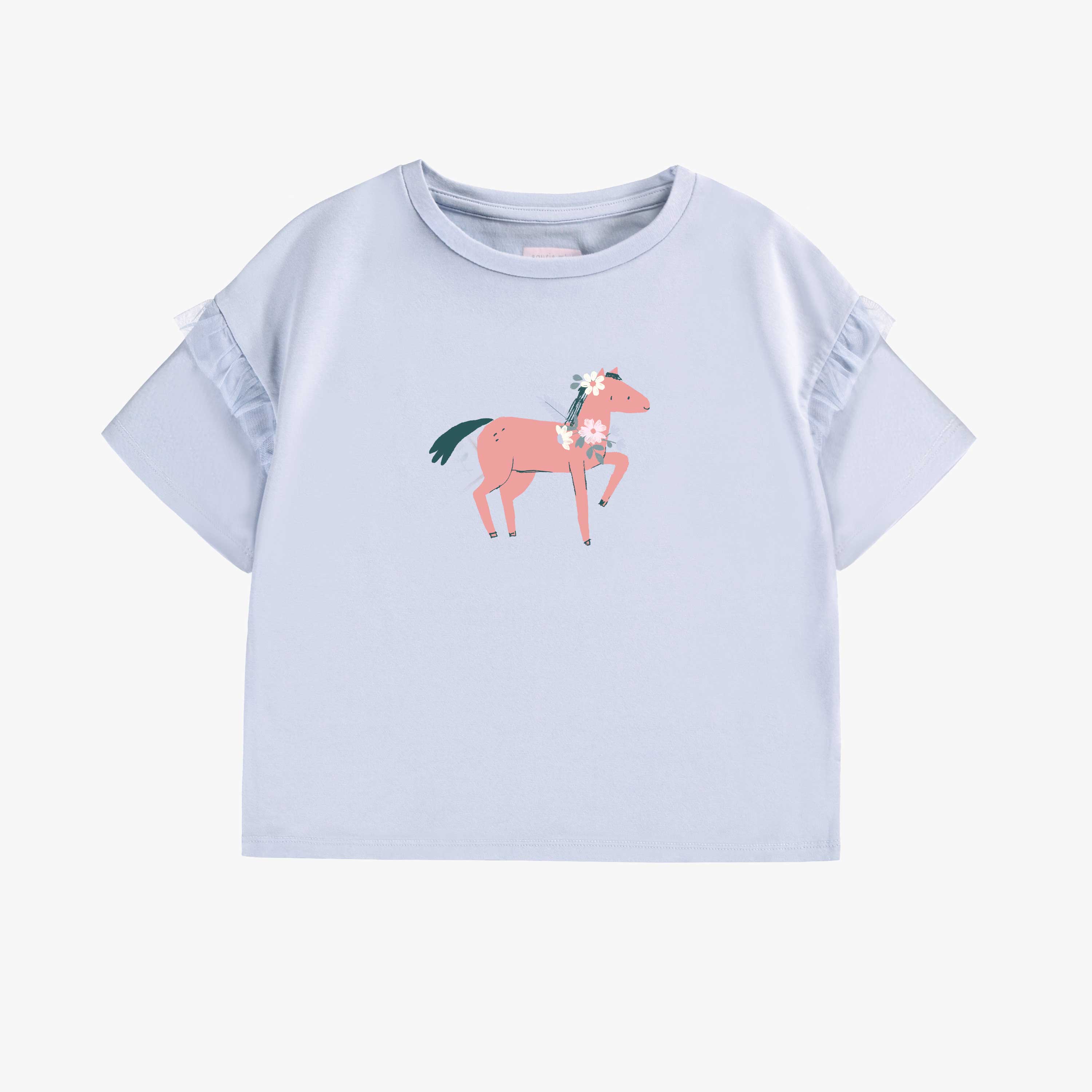 T-shirt bleu pâle avec volant et illustration, enfant