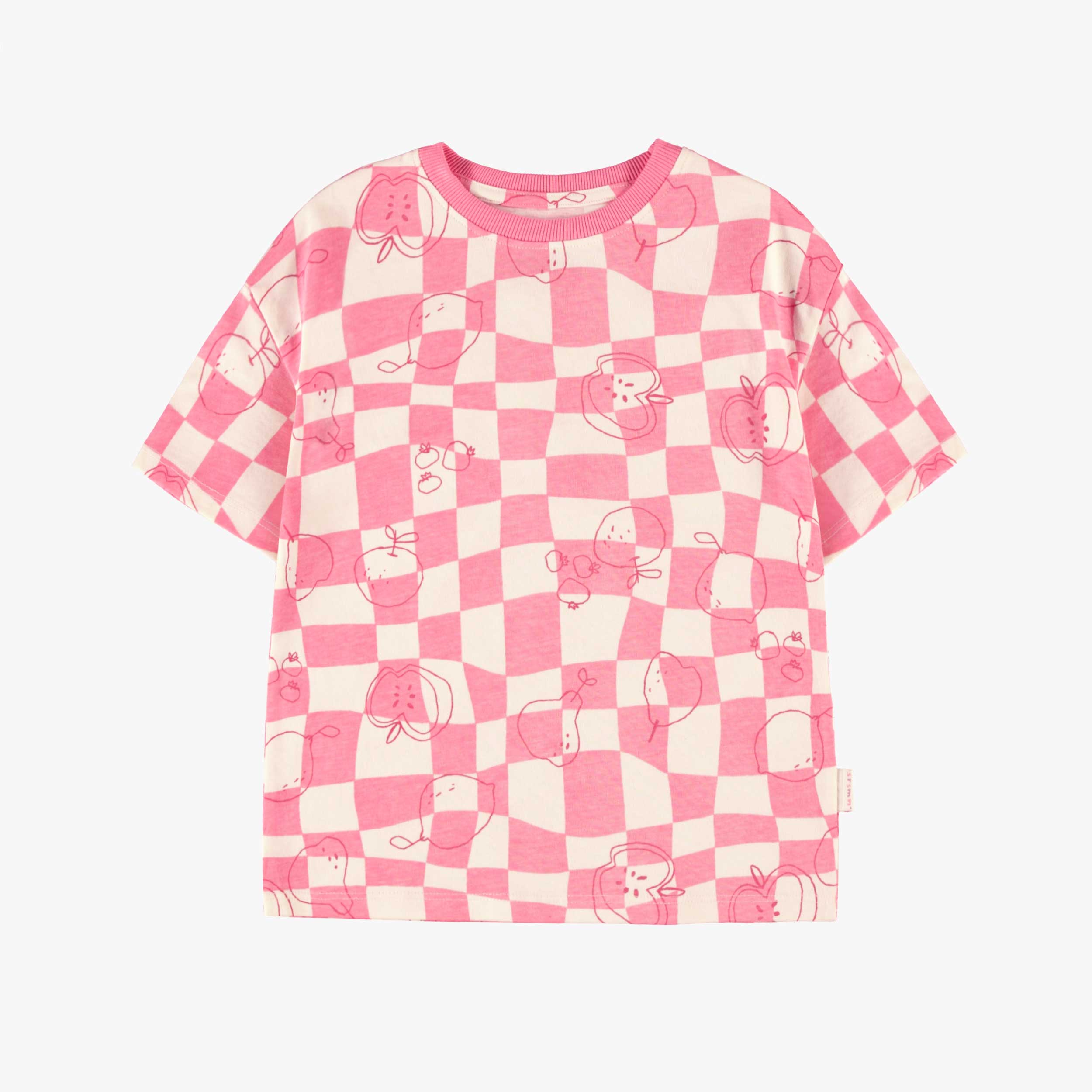 T-shirt rose et crème à carreaux et motifs, enfant