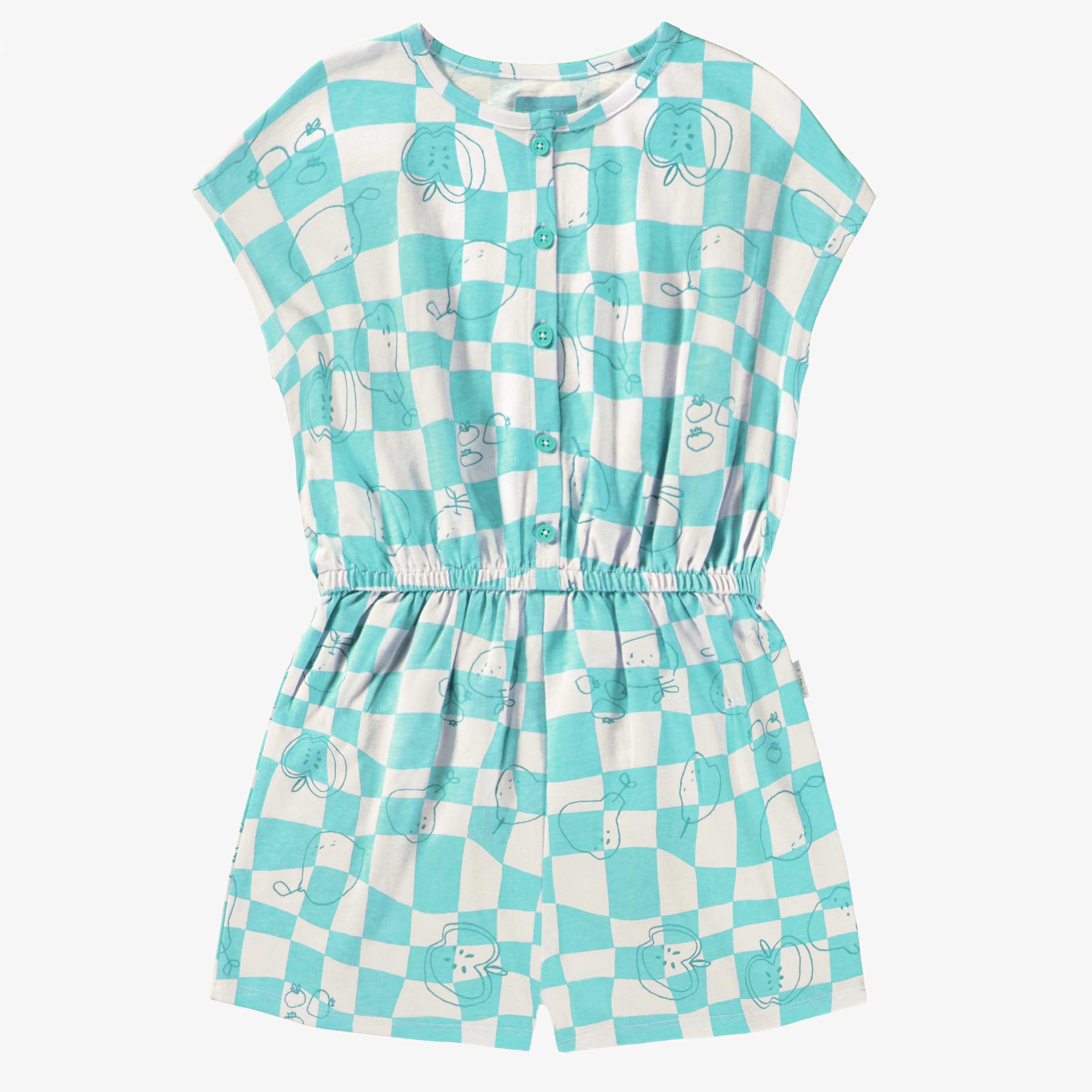 Combishort bleu aqua et crème à carreaux et motifs, enfant