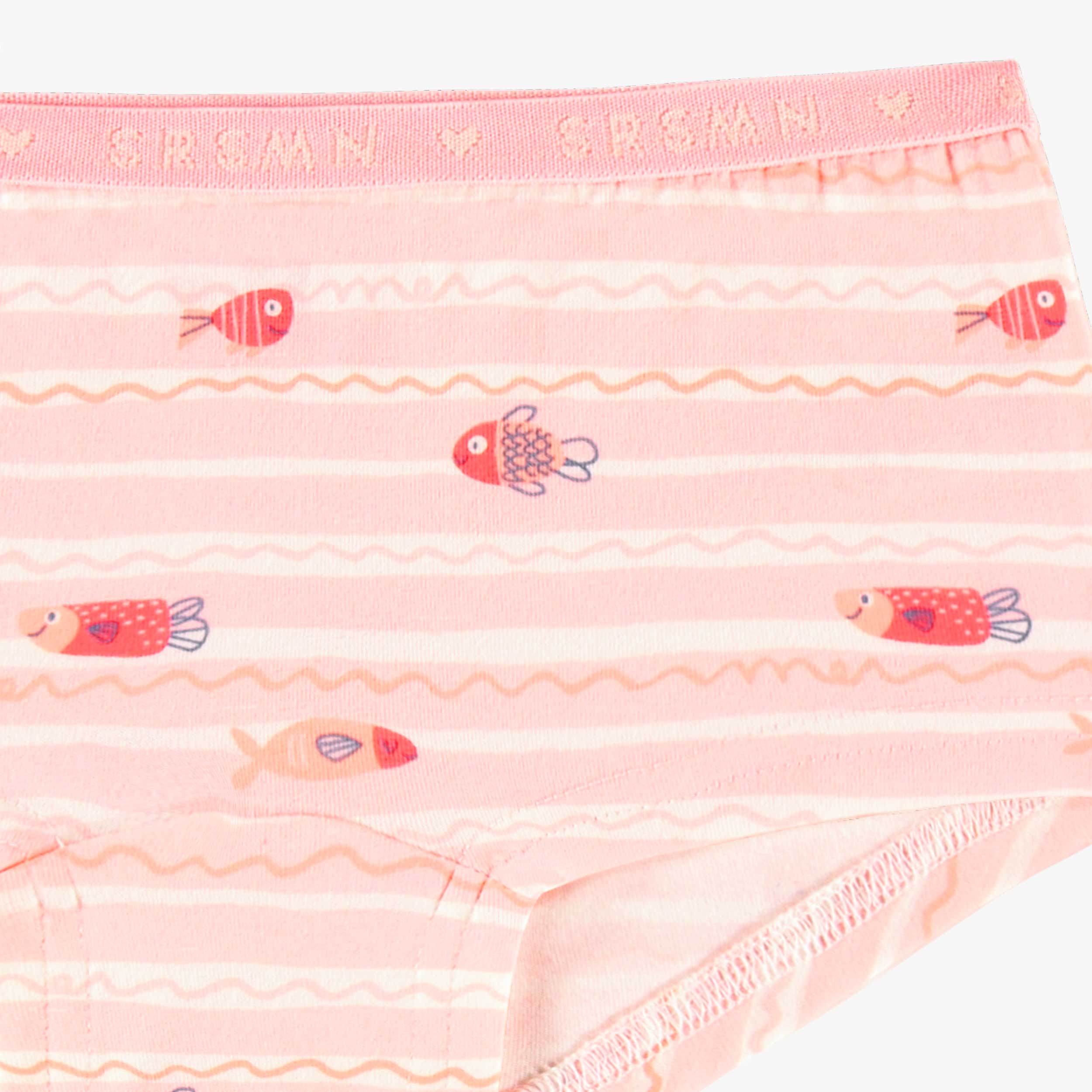 Détail de la culotte garçonne rose à rayures et motifs, enfant