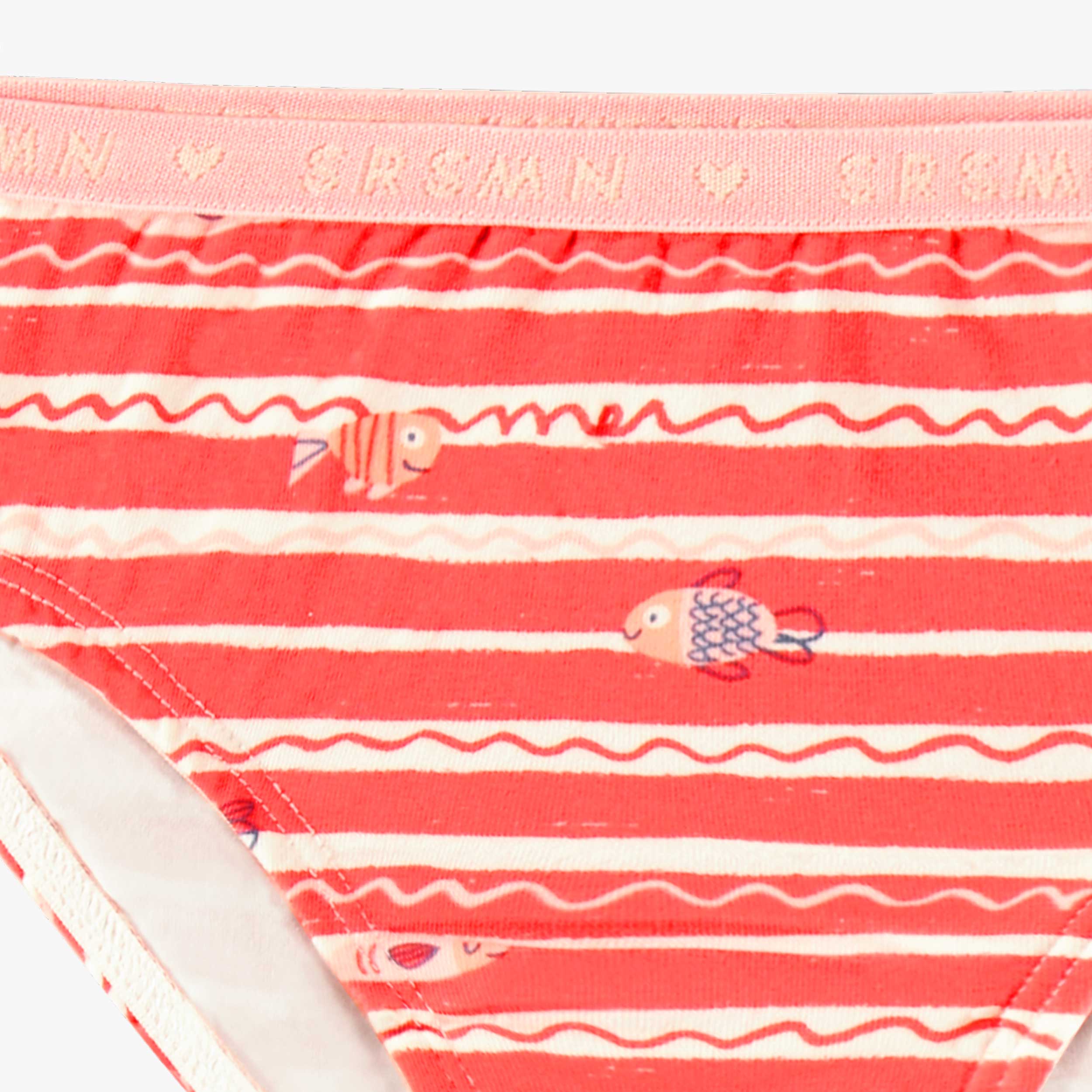 Détail de la culotte bikini rose à rayures et motifs, enfant