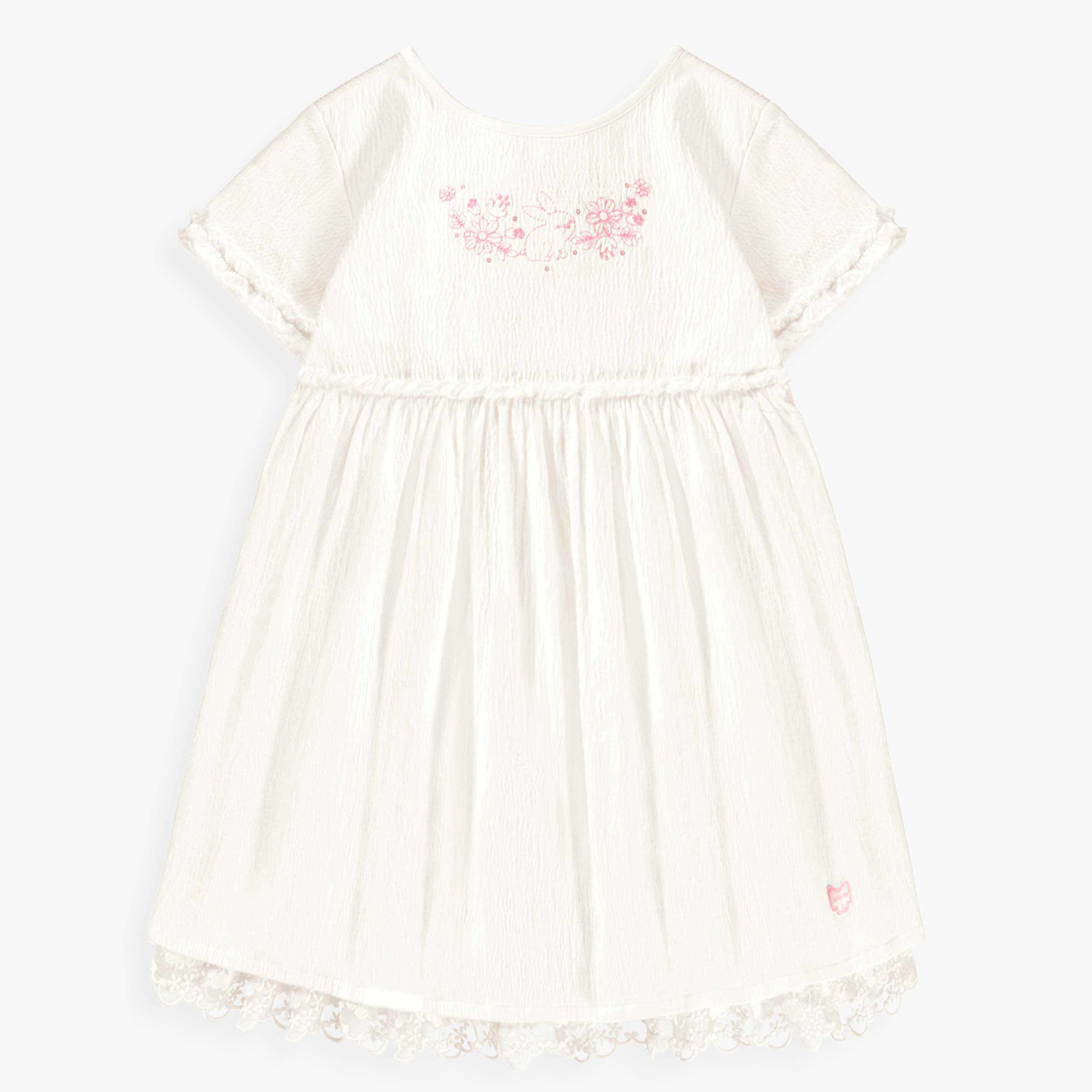 Robe blanche en jersey crêpé avec broderies de fleurs, enfant