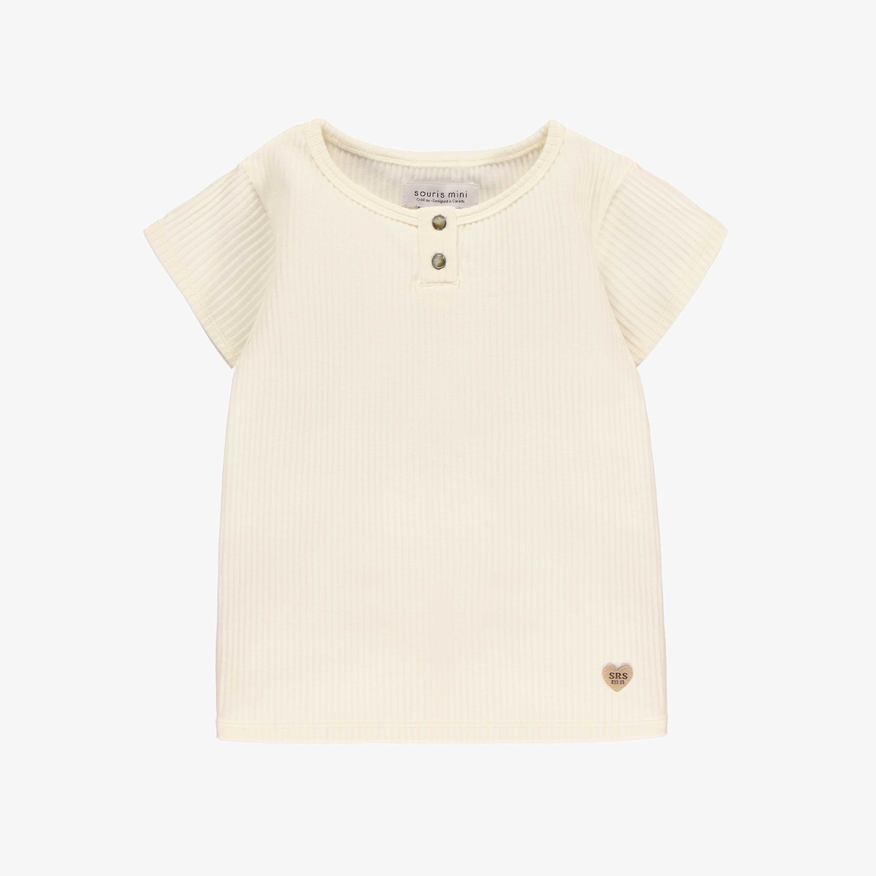 T-shirt crème en tricot côtelé irrégulier, enfant