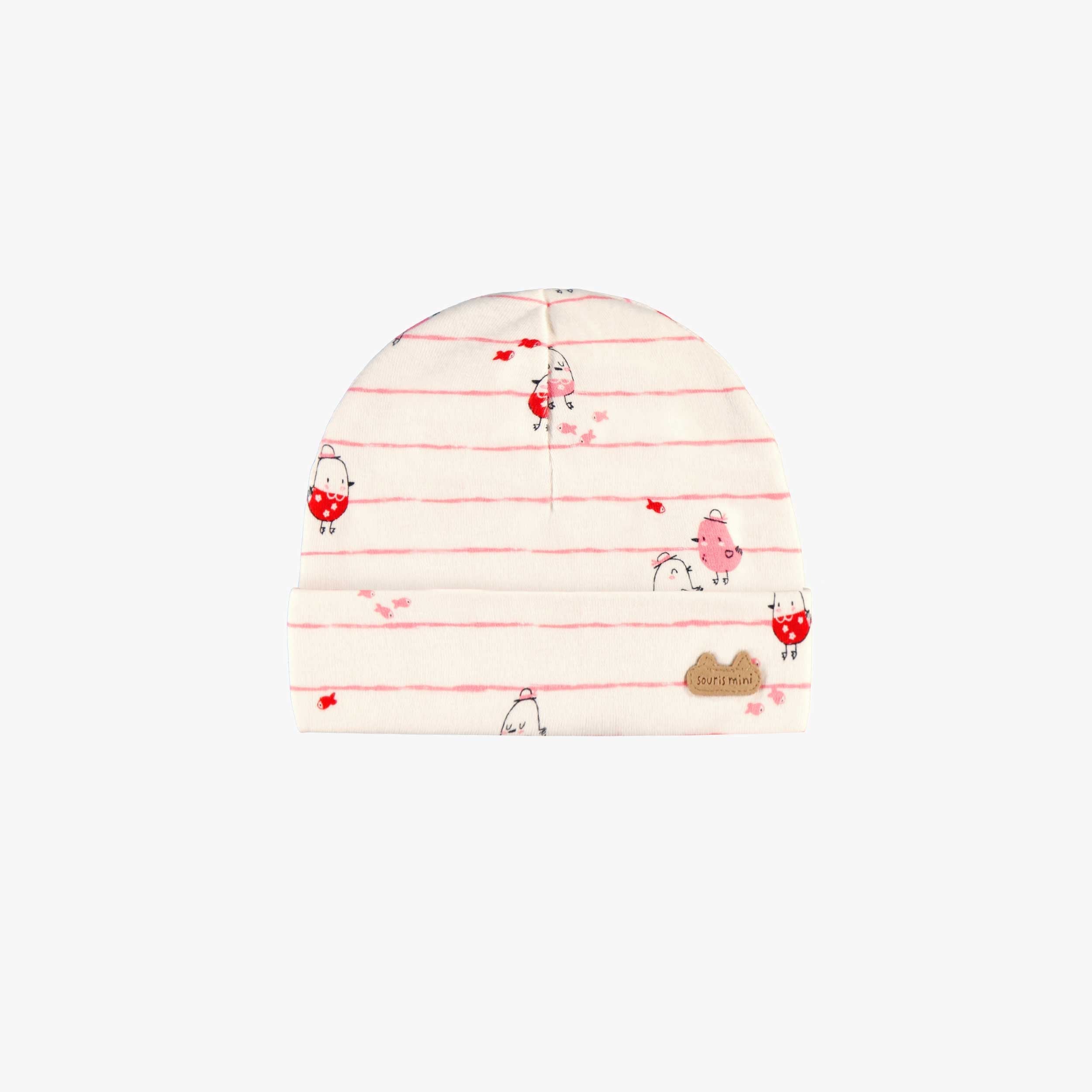 Bonnet crème à rayures roses et motifs, naissance