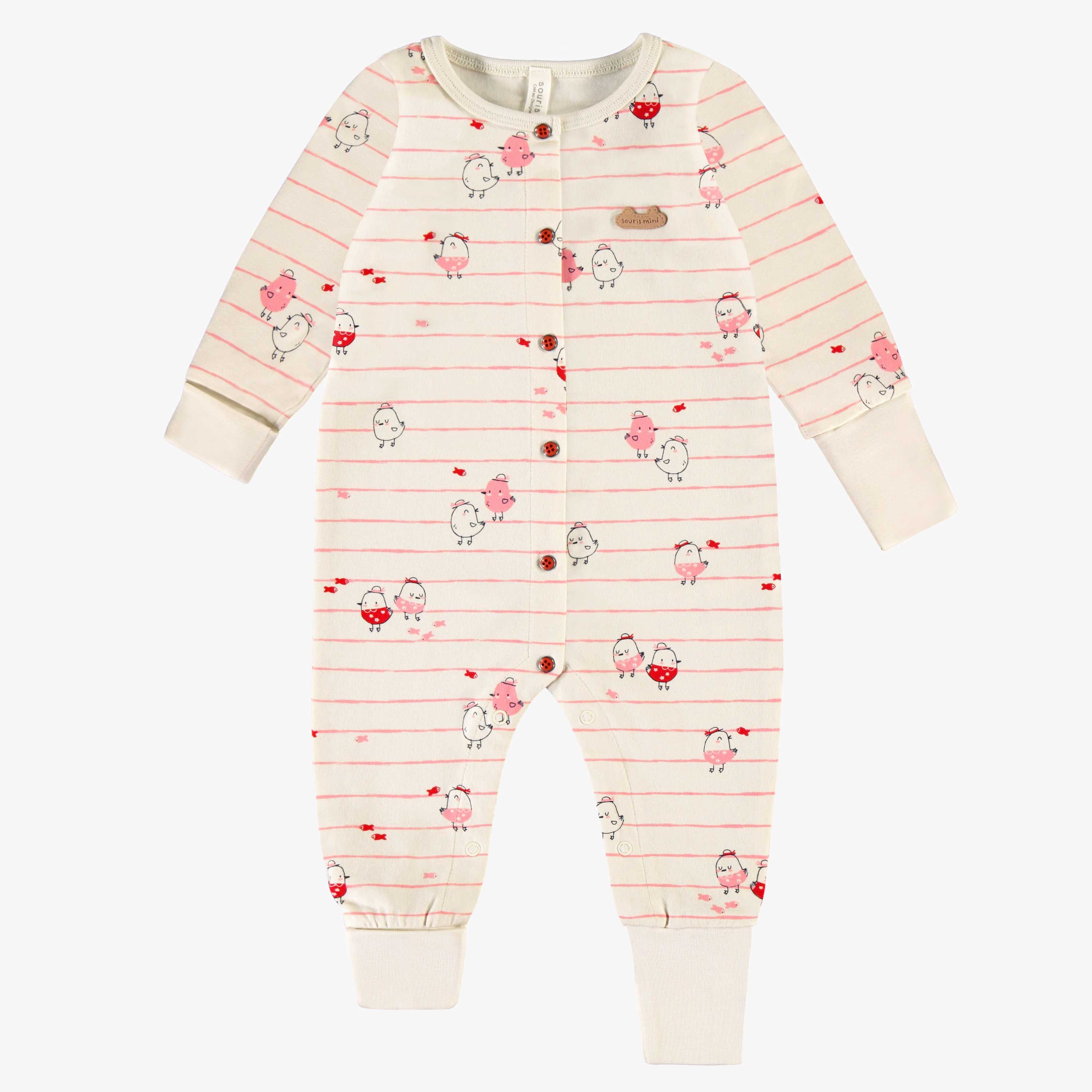 Pyjama une pièce crème à rayures roses et motifs, naissance