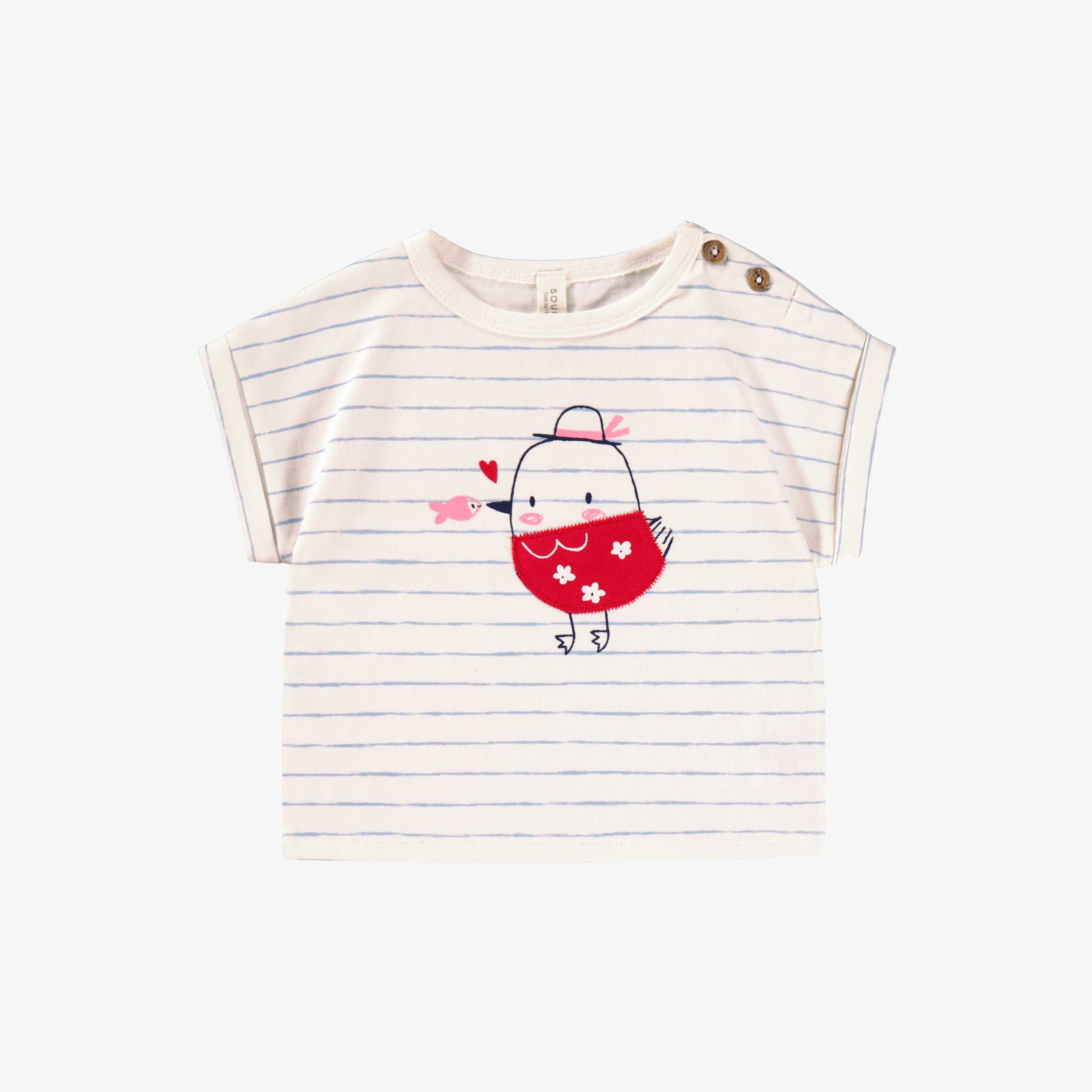 T-shirt crème à rayures et illustration, naissance
