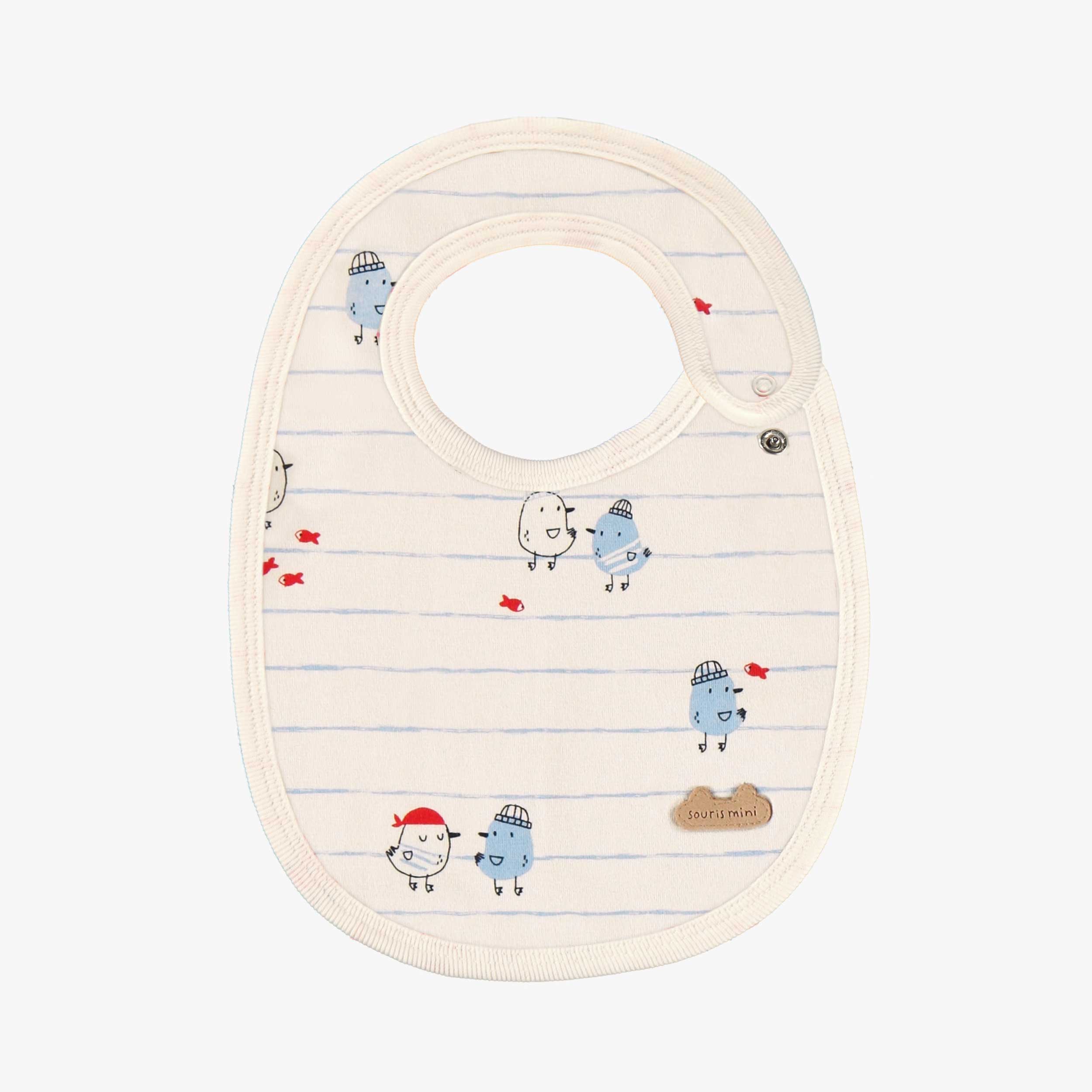 Bavoir crème à rayures bleues et motifs, naissance