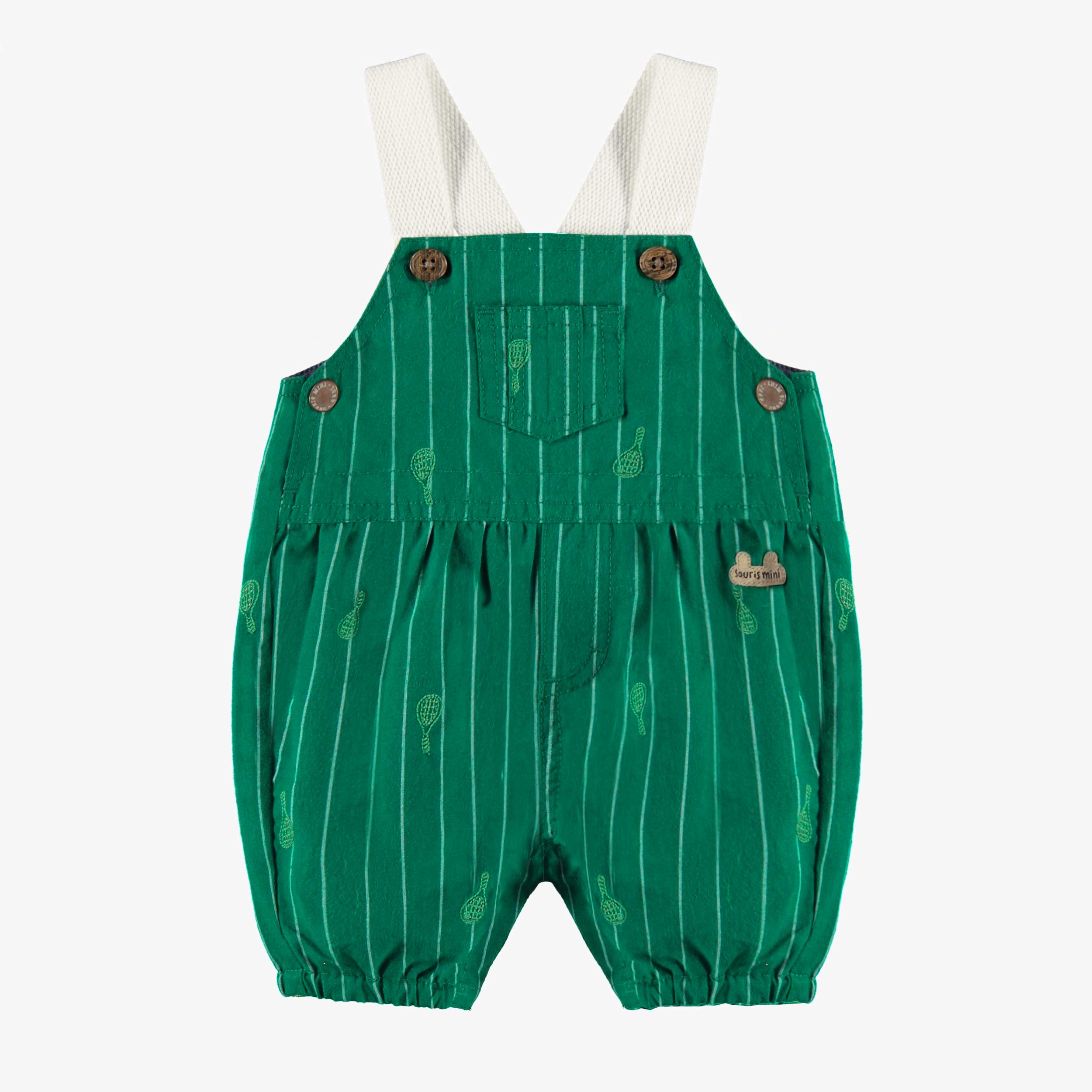 Salopette verte à rayures et motifs, naissance