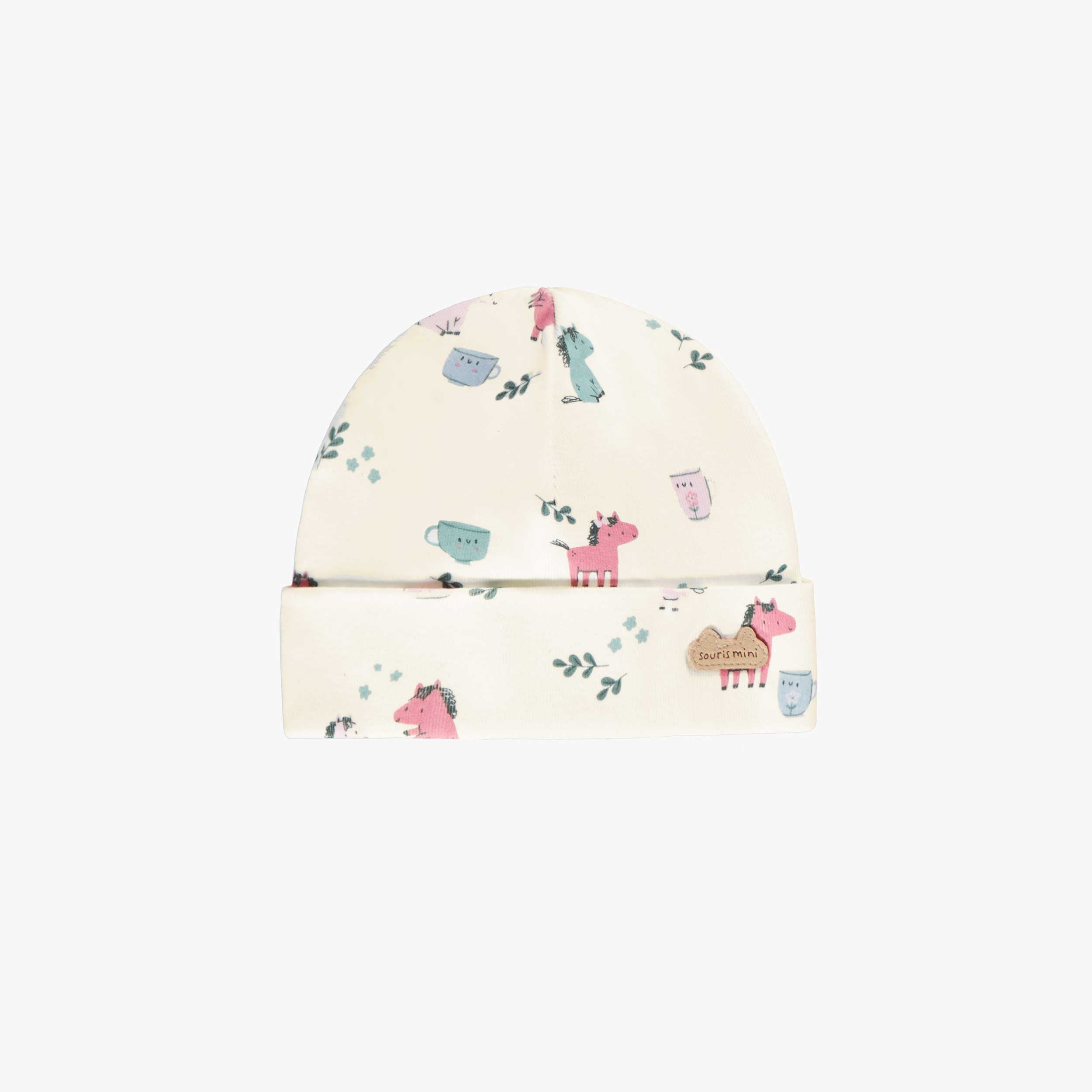 Bonnet crème à motifs de chevaux et tasses, naissance