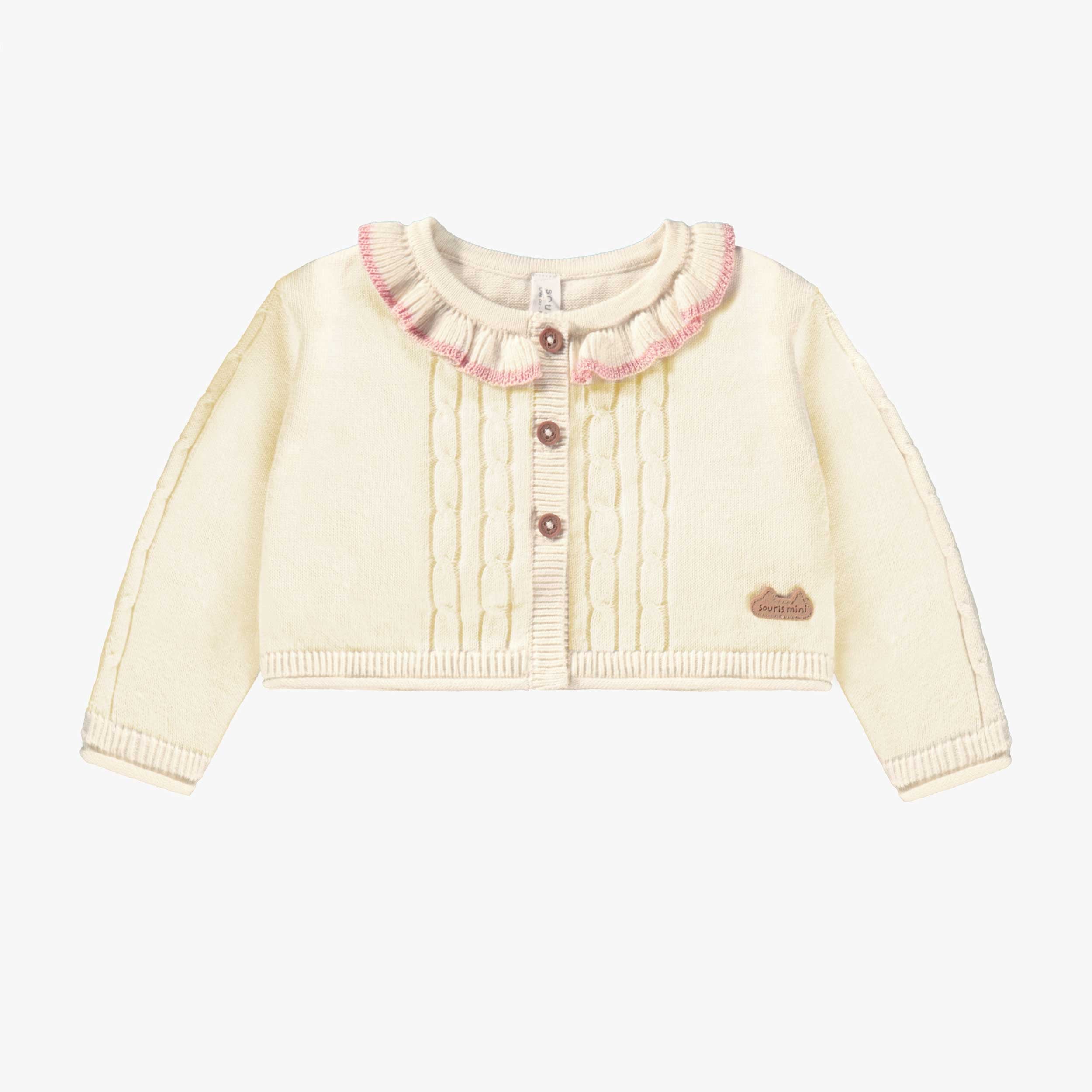 Cardigan en tricot crème avec volant, naissance