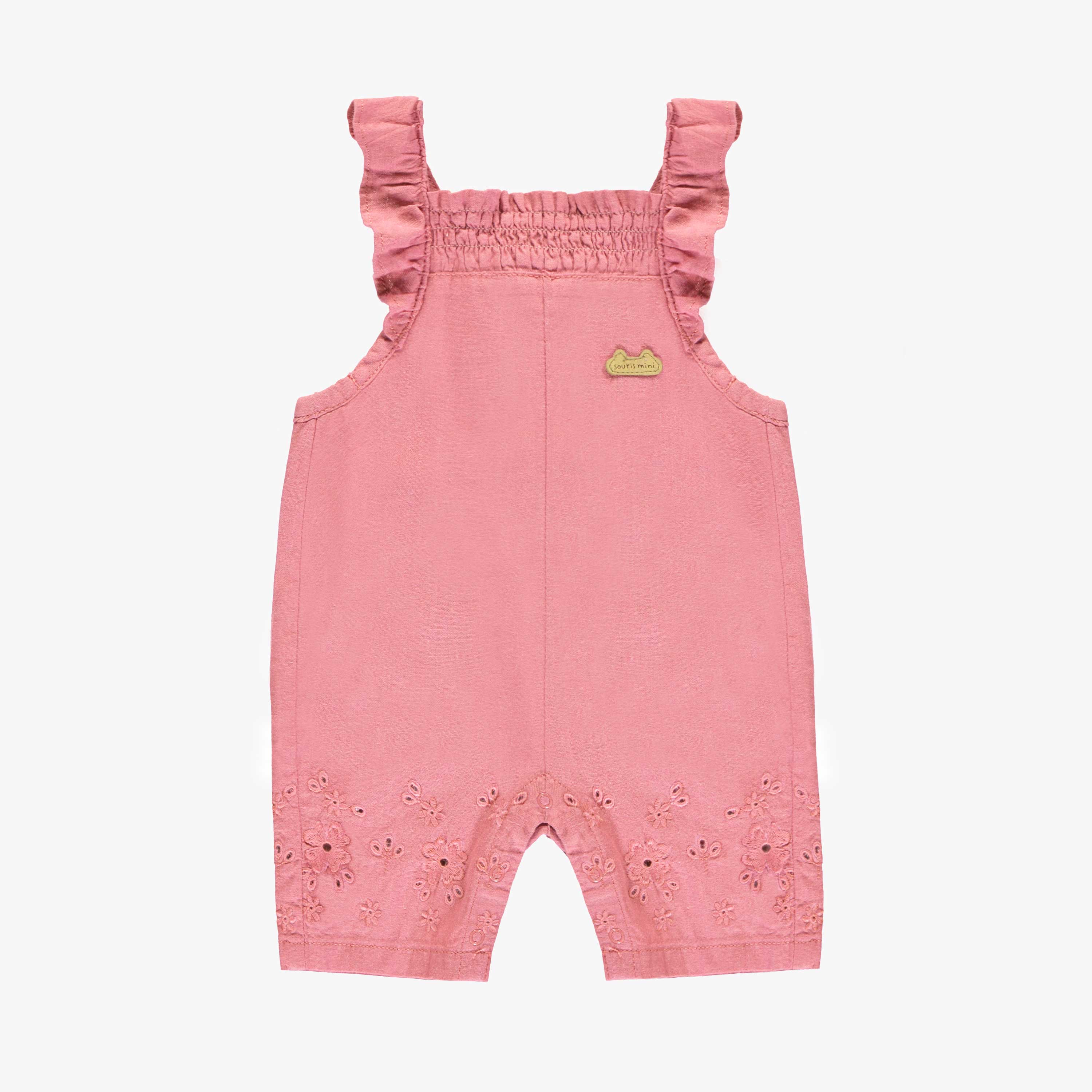 Salopette rose avec volants et broderies anglaises, naissance