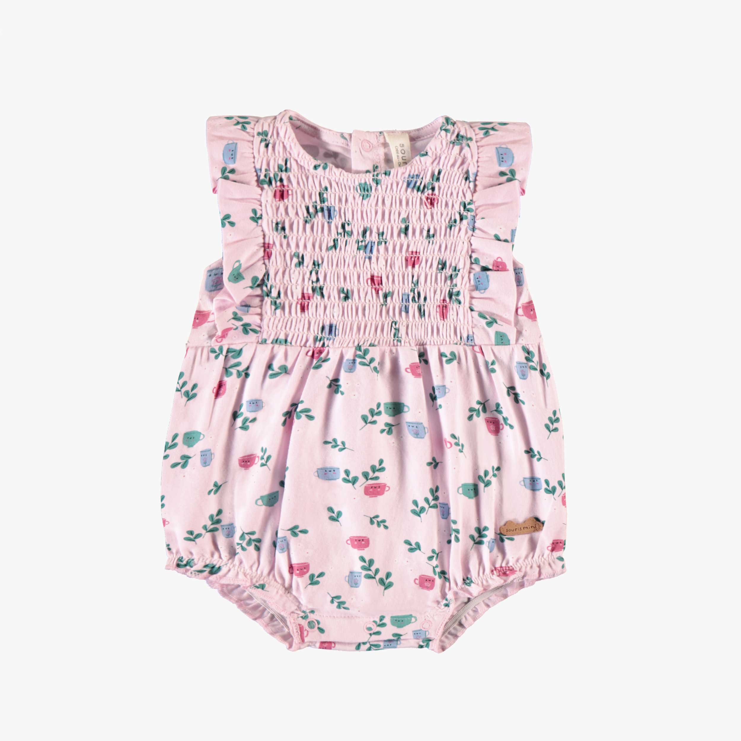 Barboteuse rose à motifs de tasses et fleurs, naissance