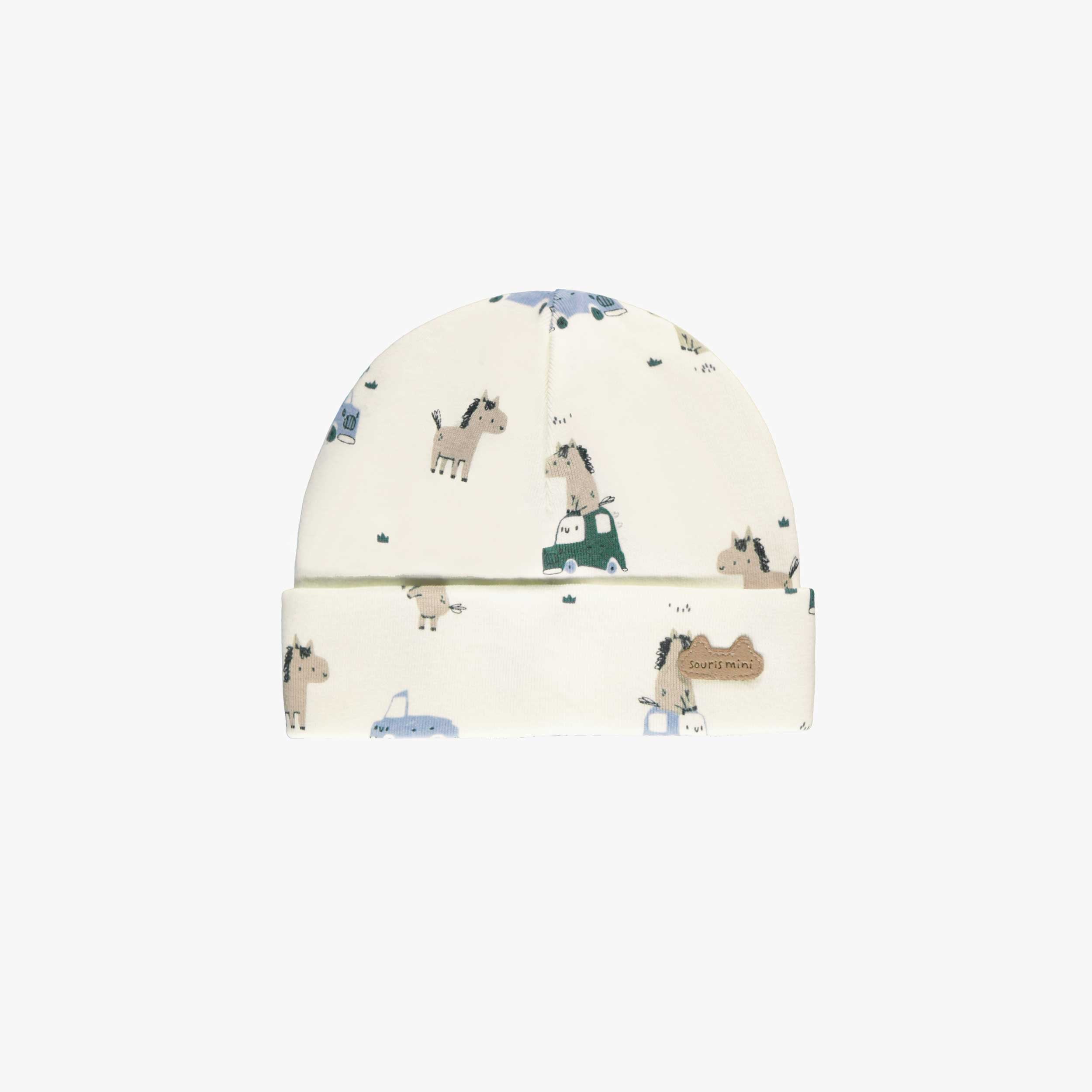 Bonnet crème à motifs de chevaux et voitures, naissance