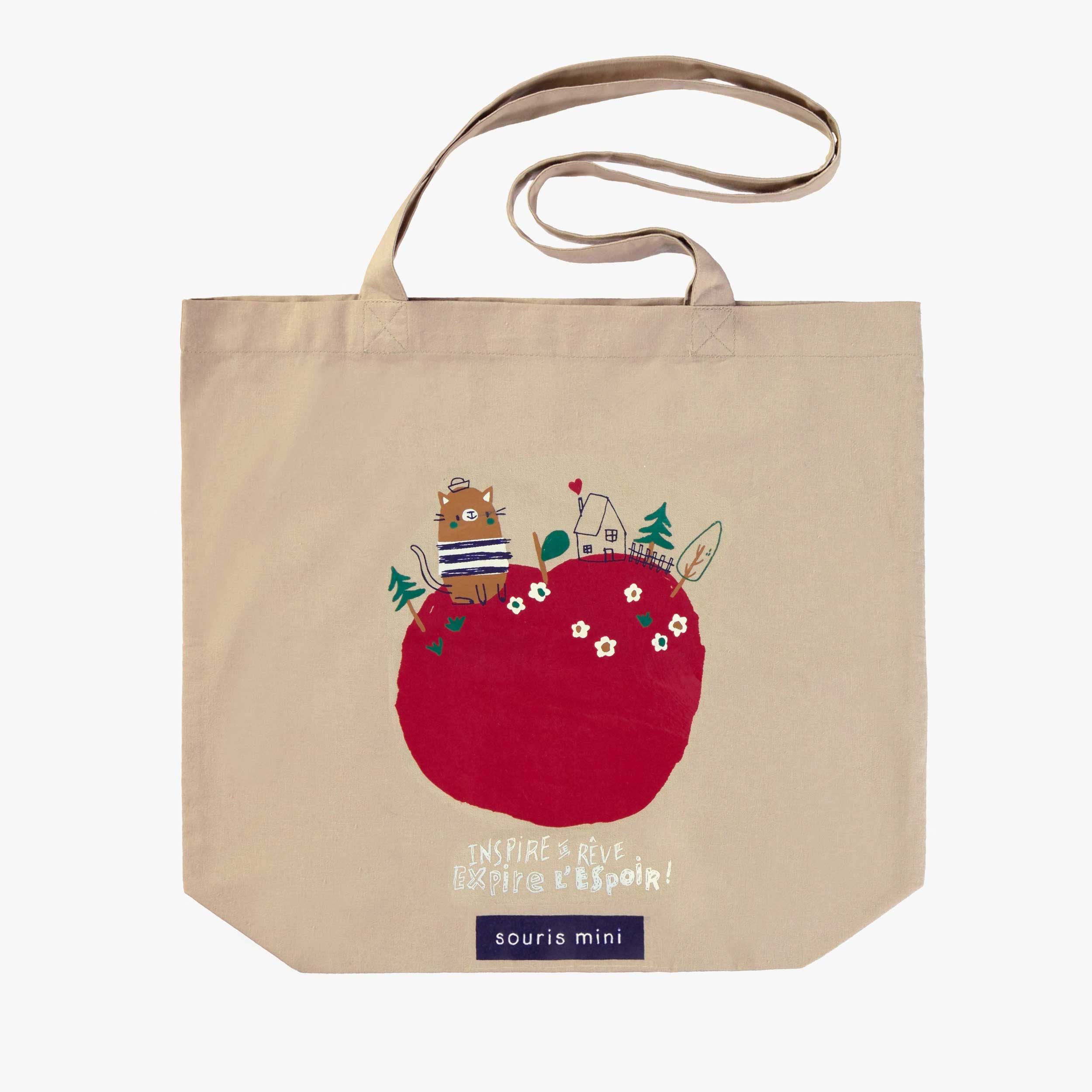 Dos du sac réutilisable beige avec illustration au profit de la fibrose kystique || Beige reusable bag with illustration in support of cystic fibrosis