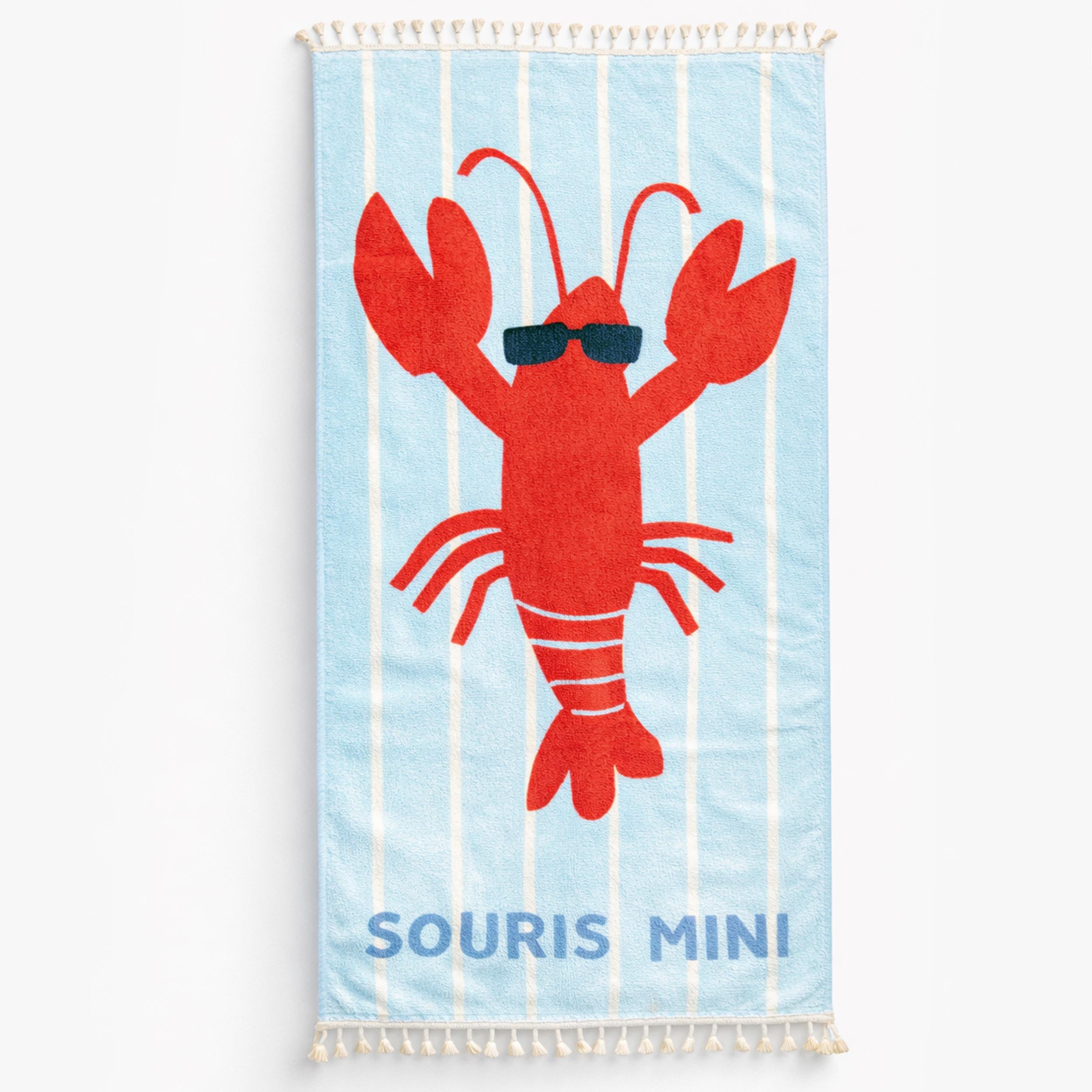 Serviette de plage bleue avec rayures et homard, enfant- Souris Mini