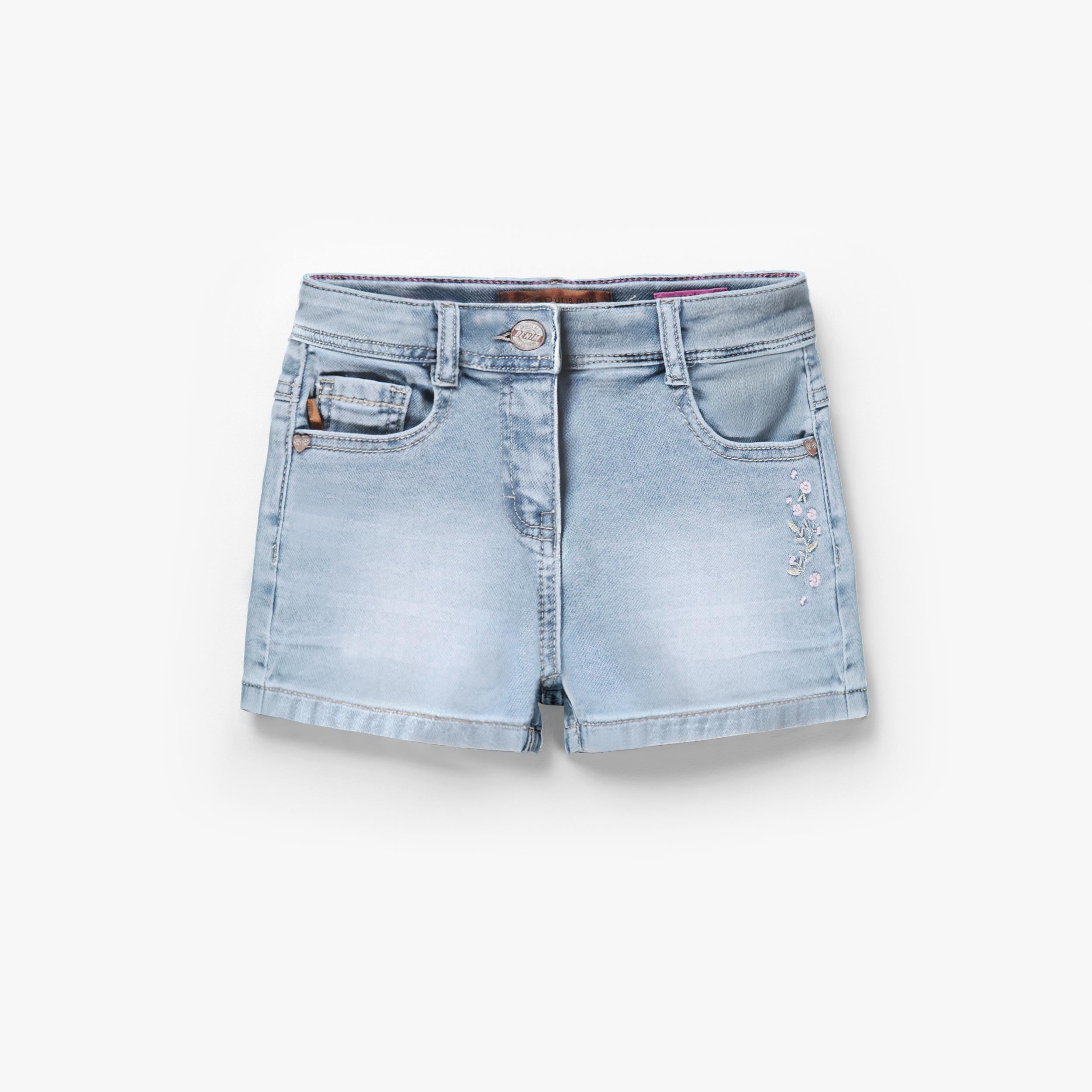 Short bleu pâle en denim avec broderie florale, enfant - Souris Mini