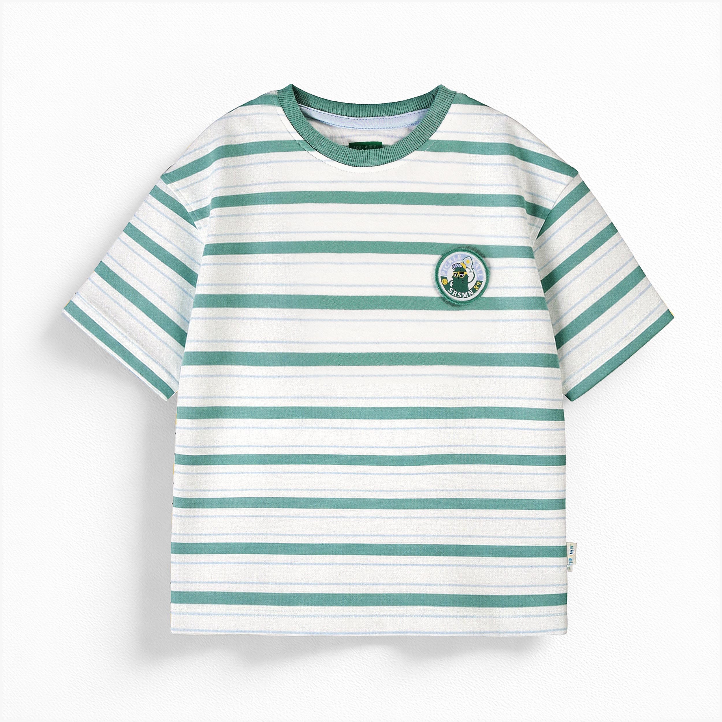 T-shirt blanc à rayures vertes et bleues, enfant - Souris Mini