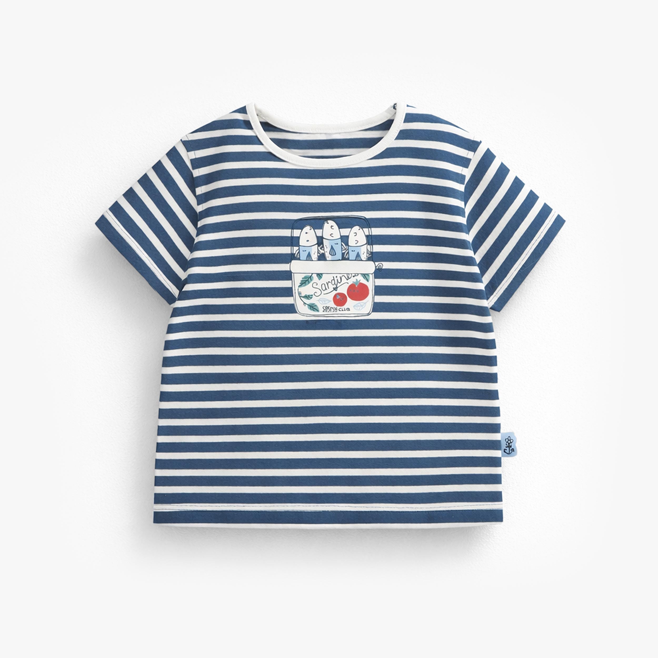 T-shirt crème et bleu à rayures avec illustration, bébé - Souris Mini