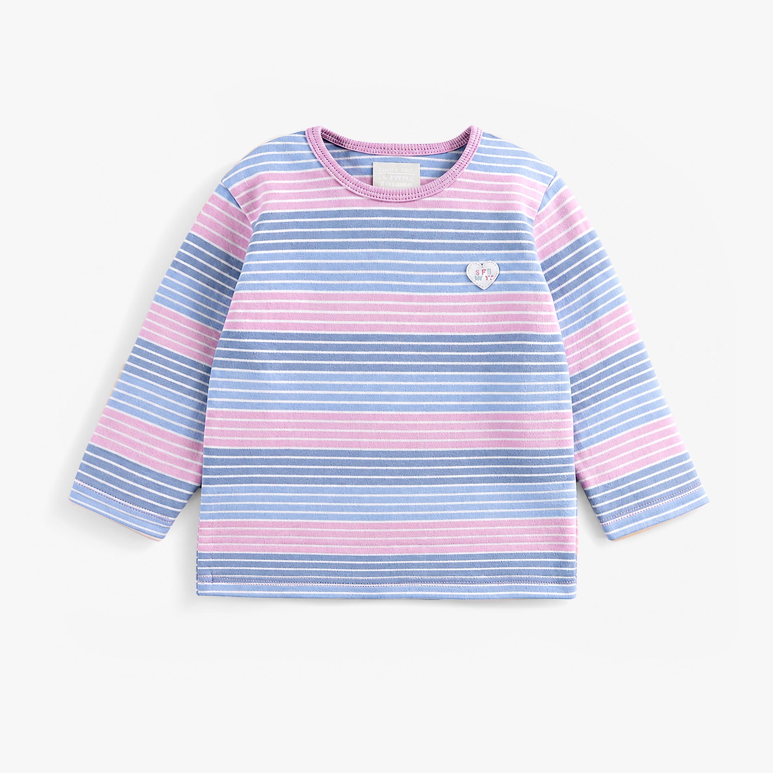 T-shirt à manches longues pour bébé fille à rayures bleu pâle, bleu moyen et rose, avec encolure ronde et petit écusson cœur sur la poitrine. - Souris Mini
