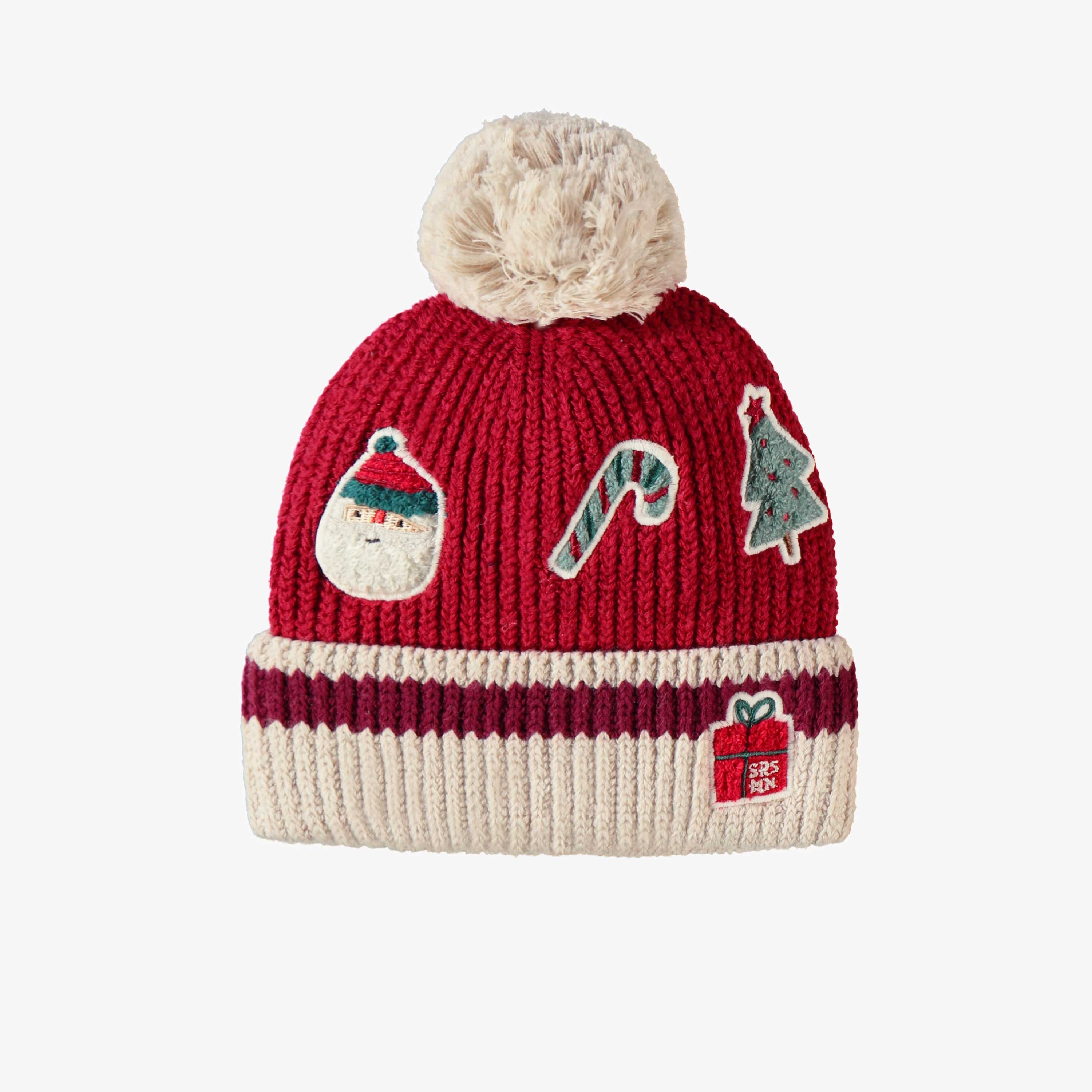 Dos de la tuque rouge en tricot avec motifs des Fêtes, bébé - Souris Mini