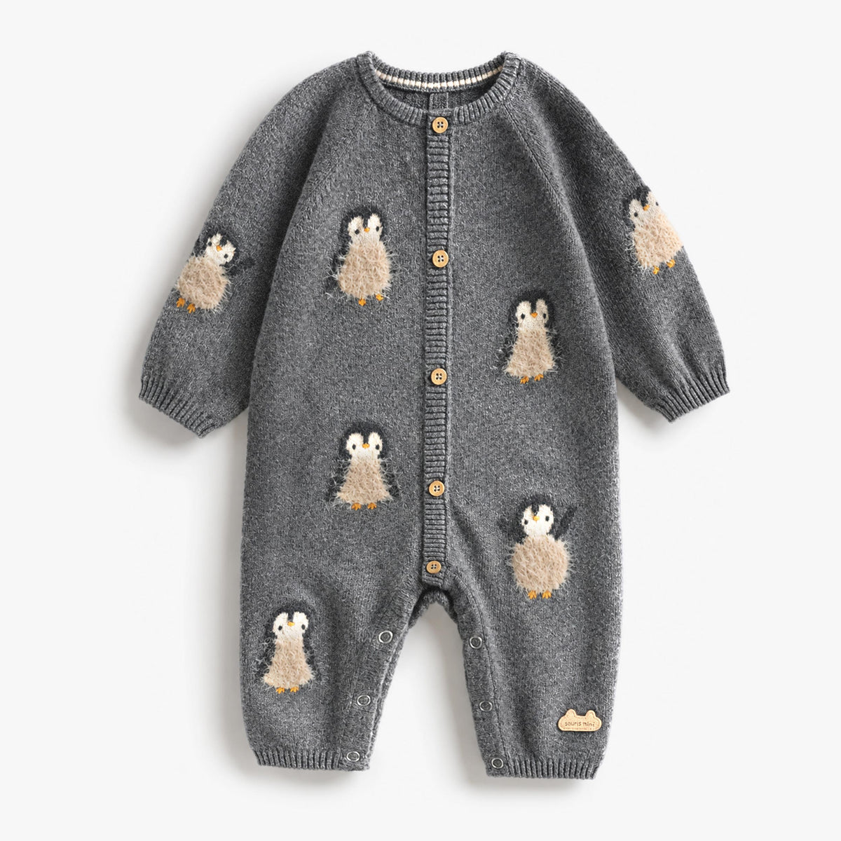 Une pièce grise à motif de pingouins en tricot, naissance - Souris Mini