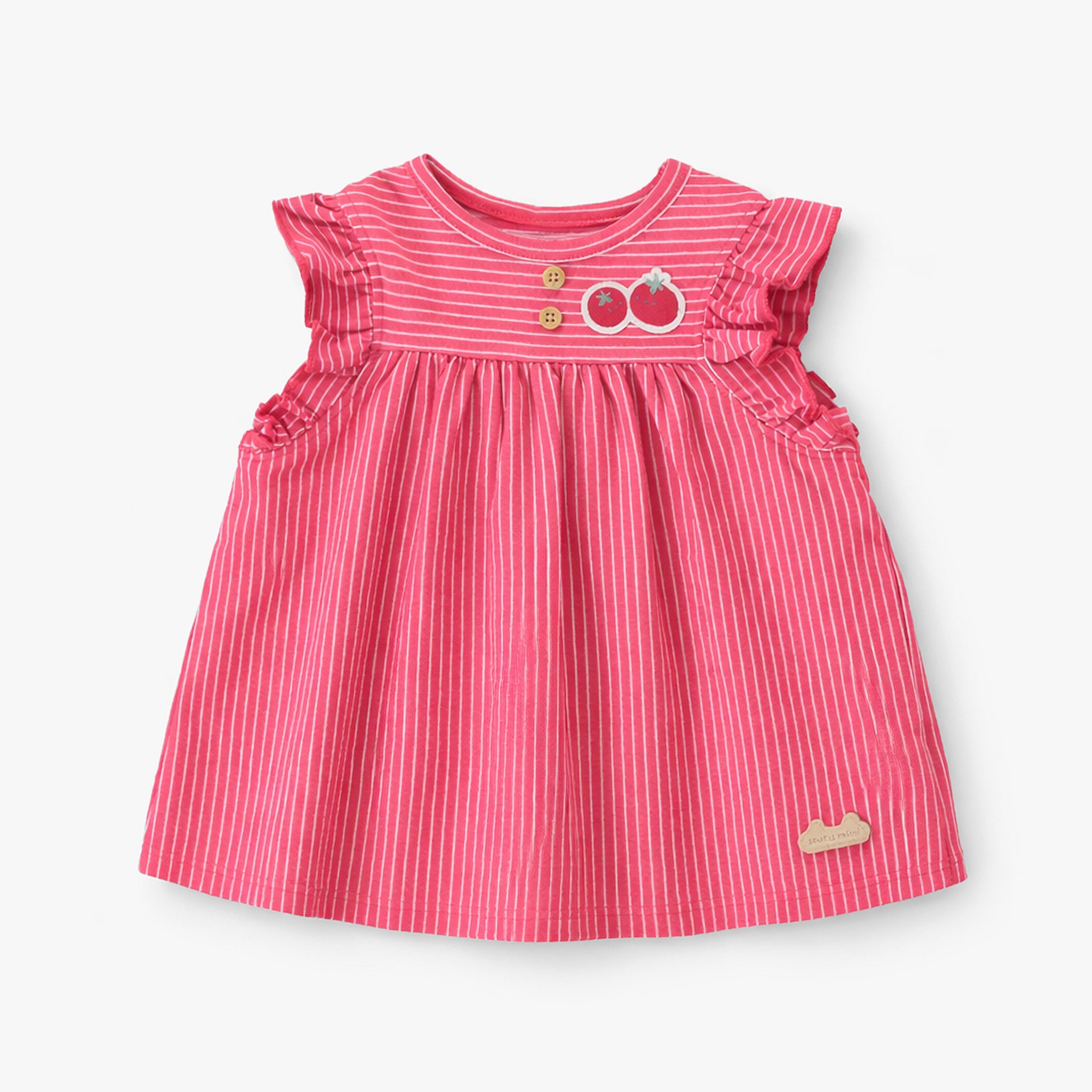 Vue unique de la robe et bloomer rouge et crème à rayures, naissance