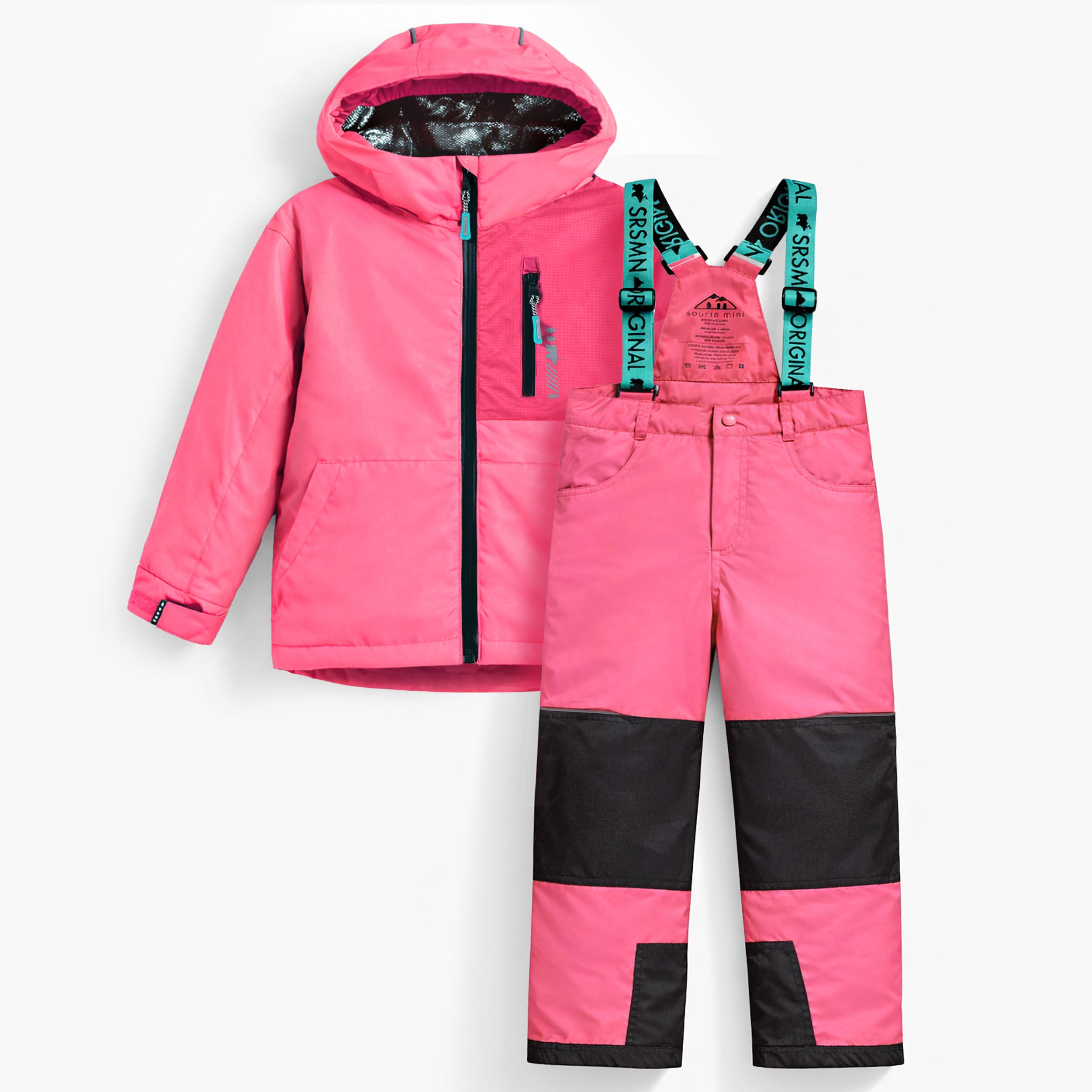 Vue des deux pièces de l'Habit de neige deux pièces PERFO+ rose enfant