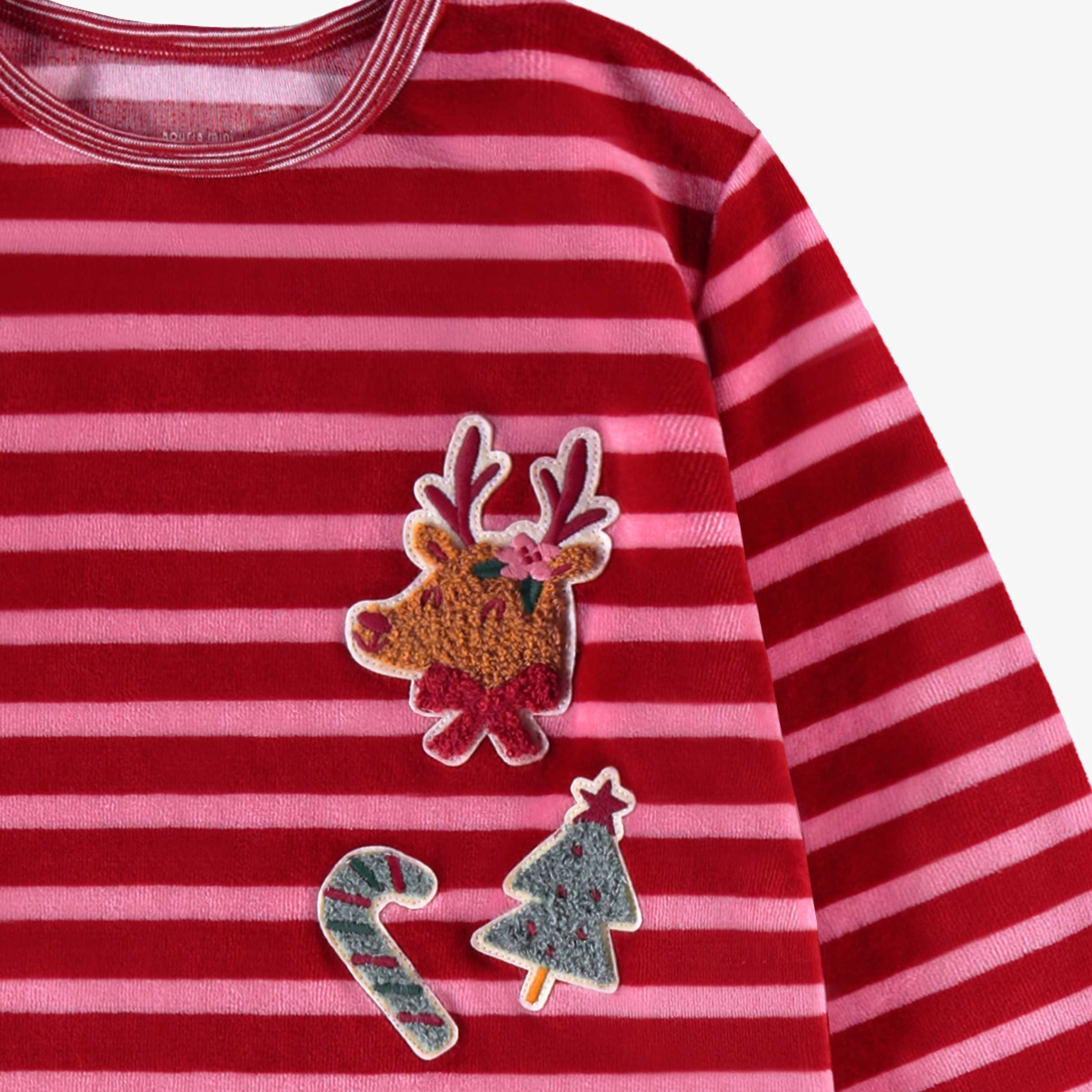 Zoom détails du pyjama deux pièces rose et rouge à rayures, enfant - Souris Mini