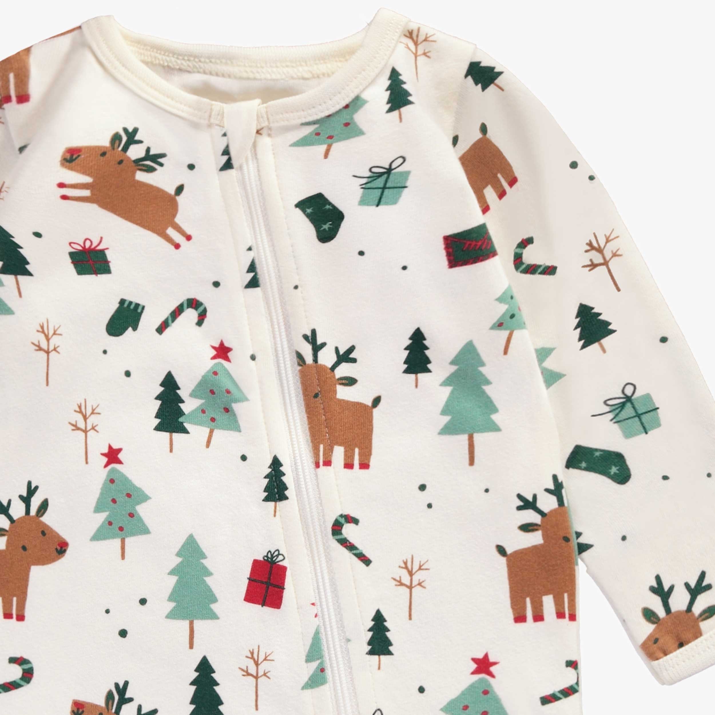 Zoom motifs du pyjama une pièce blanc à motifs des Fêtes, naissance