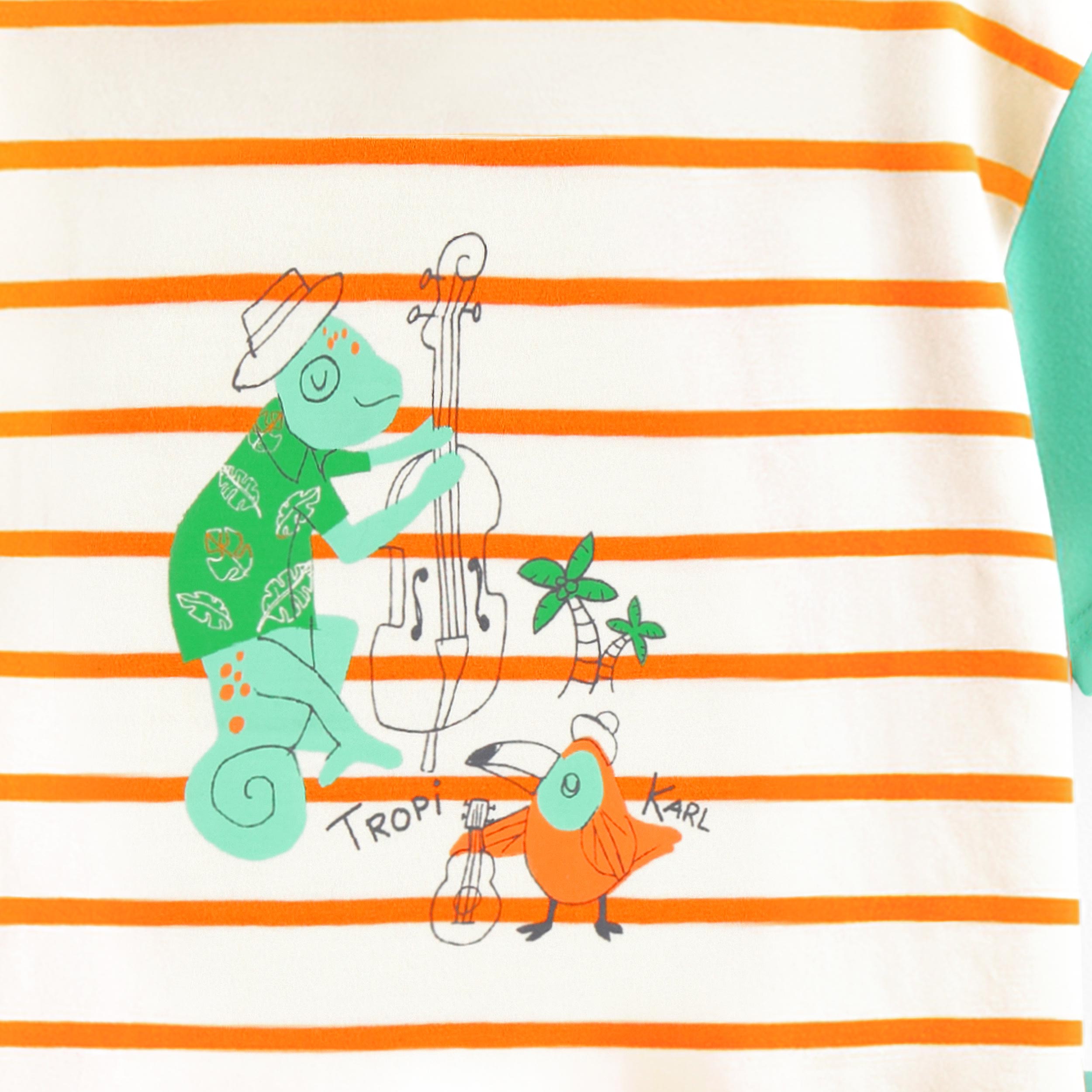 Zoom détails du t-shirt crème à rayures et illustration, enfant