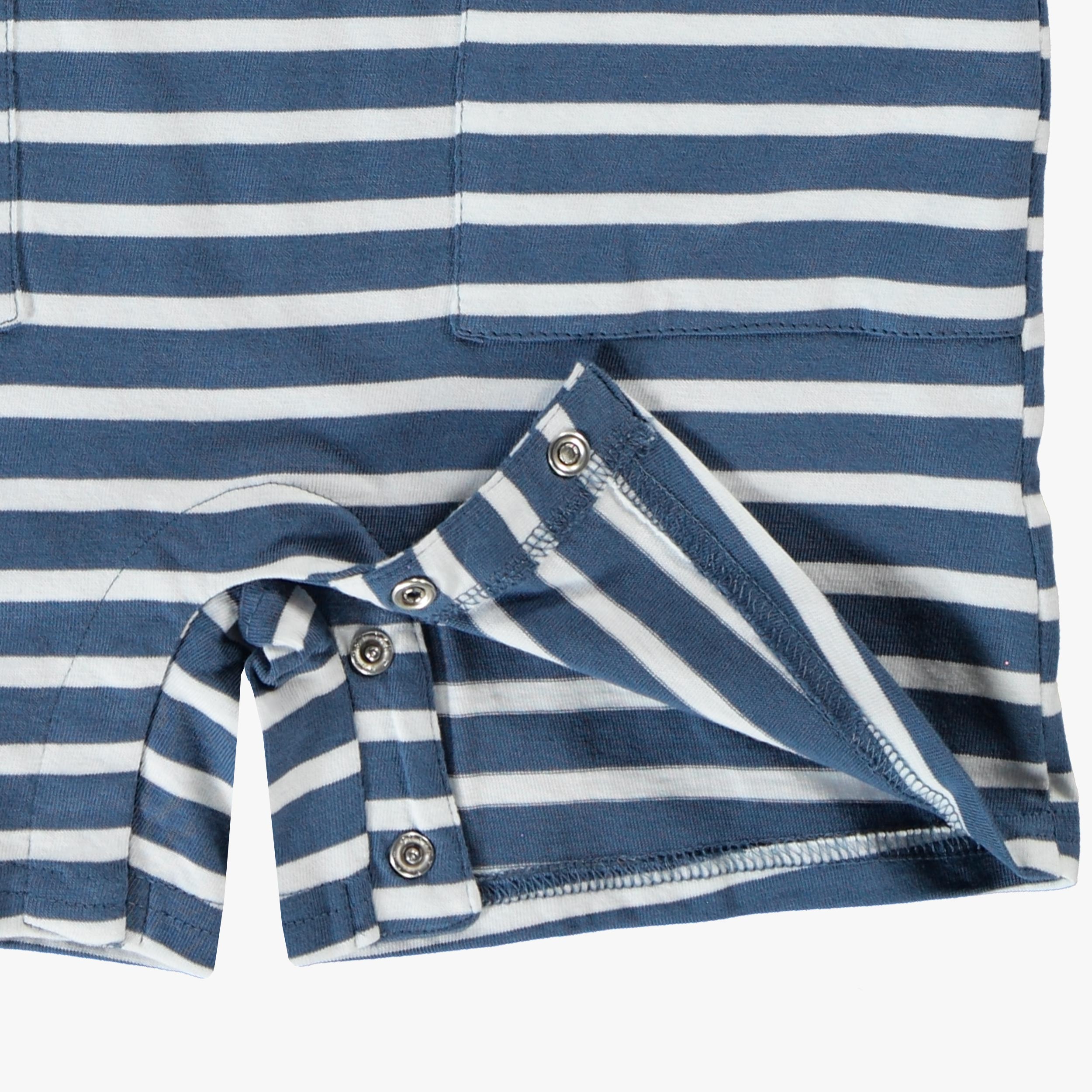 Zoom détails de la barboteuse bleu marine et crème à rayures, bébé