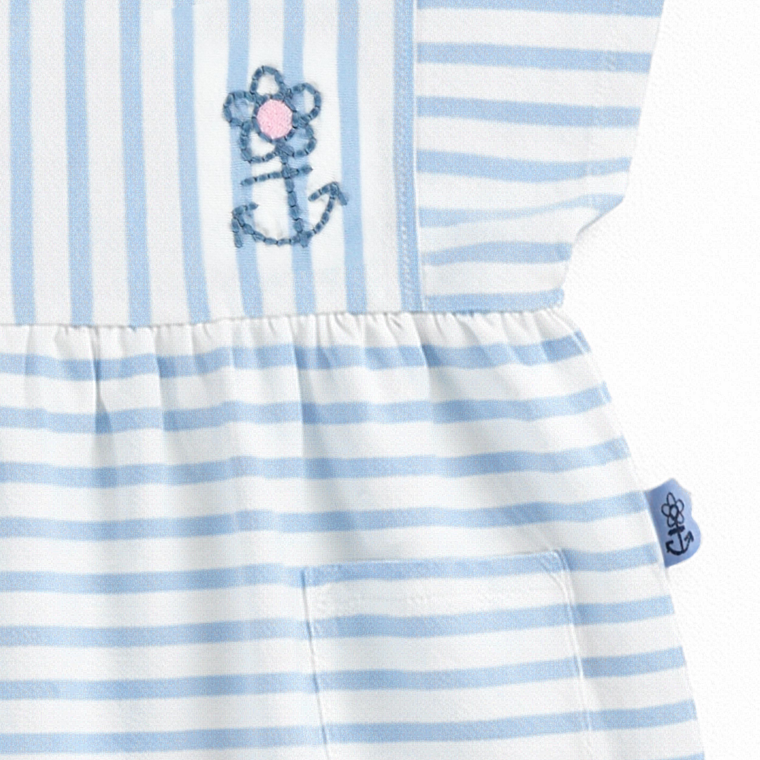 Zoom détails de la barboteuse crème à rayures bleues, bébé