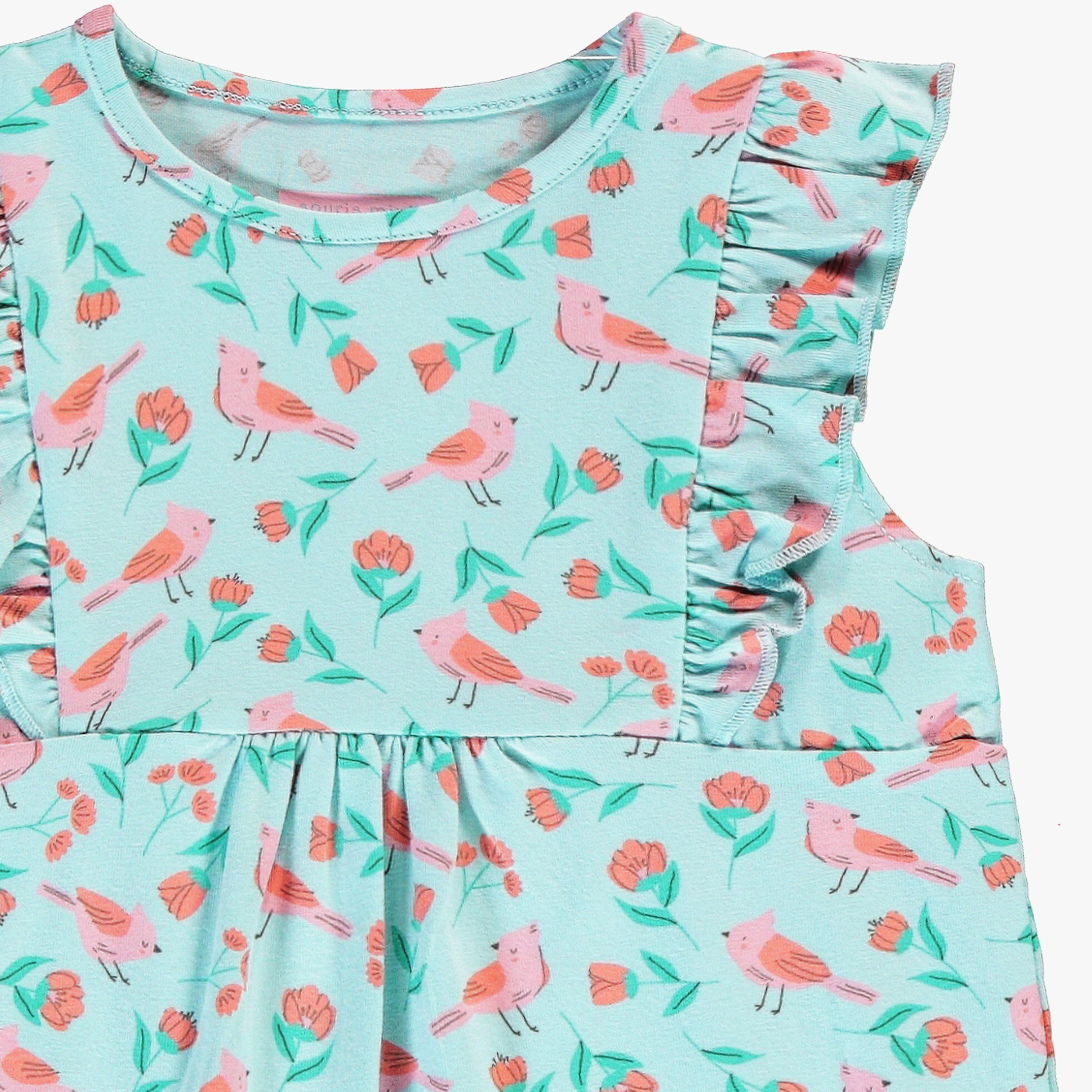 Zoom détails de la barboteuse turquoise à motifs de fleurs et d’oiseaux, bébé
