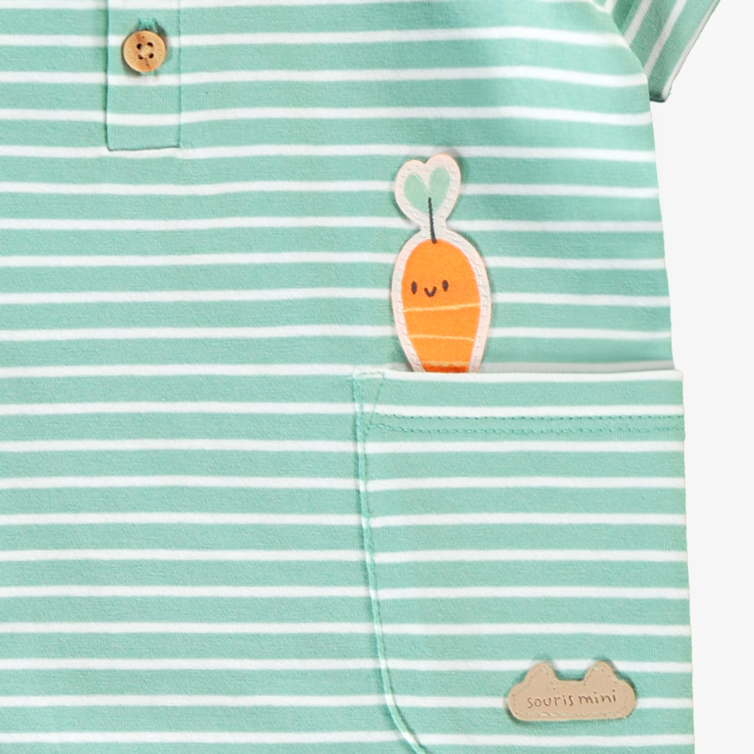 Zoom détails de la barboteuse verte à rayures, naissance