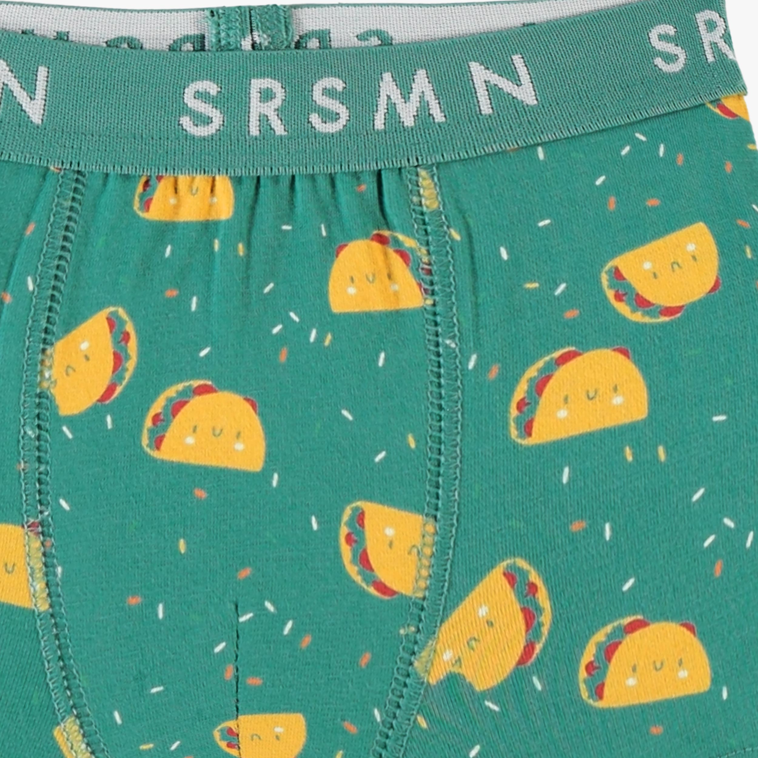 Zoom détails du boxer vert à motifs de tacos, enfant