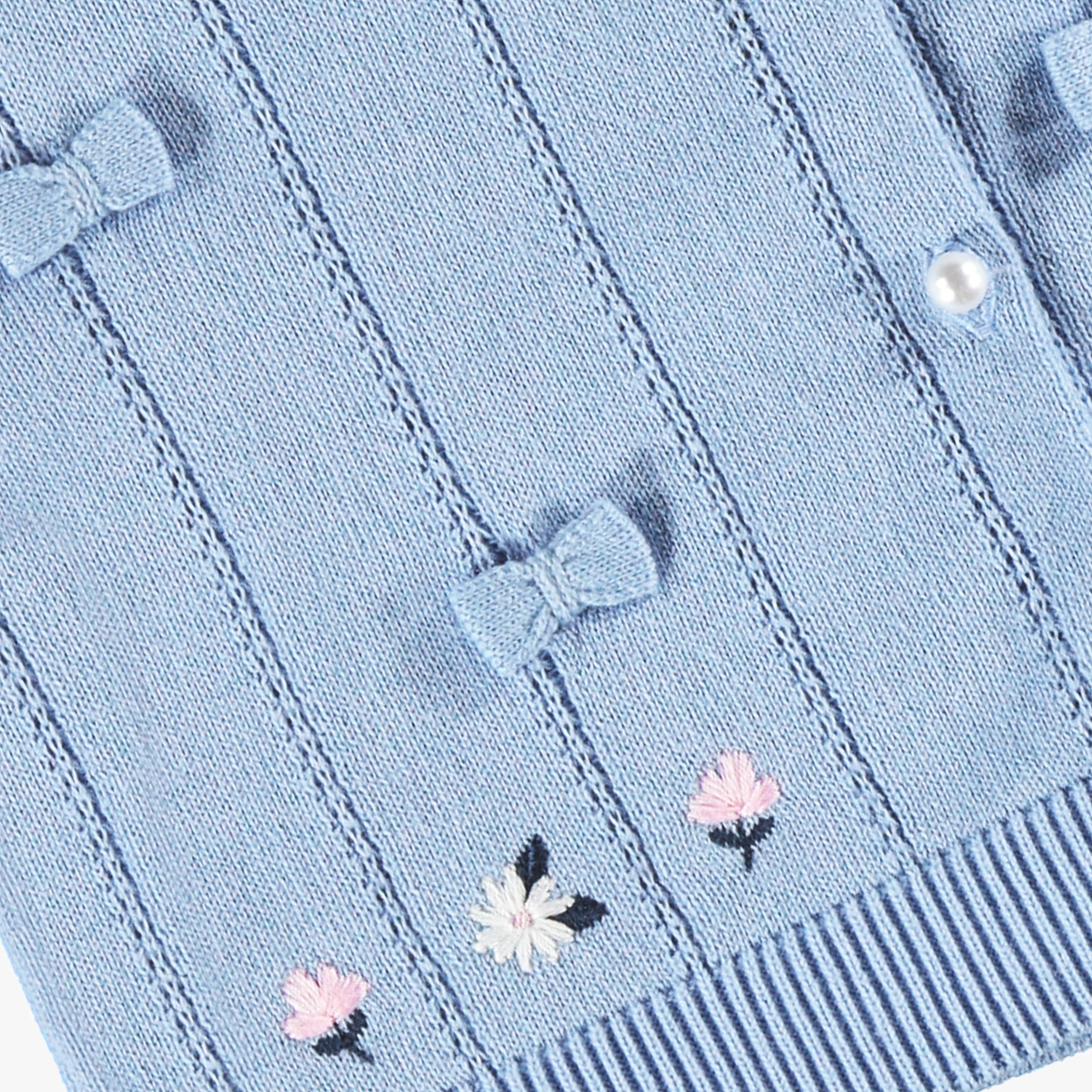 Zoom détails du cardigan bleu en tricot, bébé
