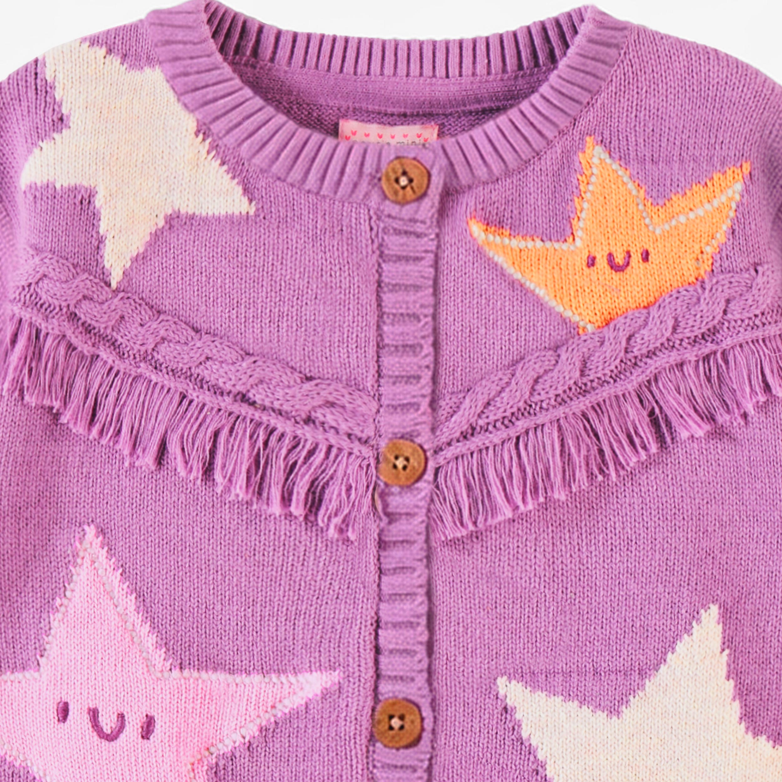 Zoom details du cardigan mauve en tricot à motifs d’étoiles, bébé