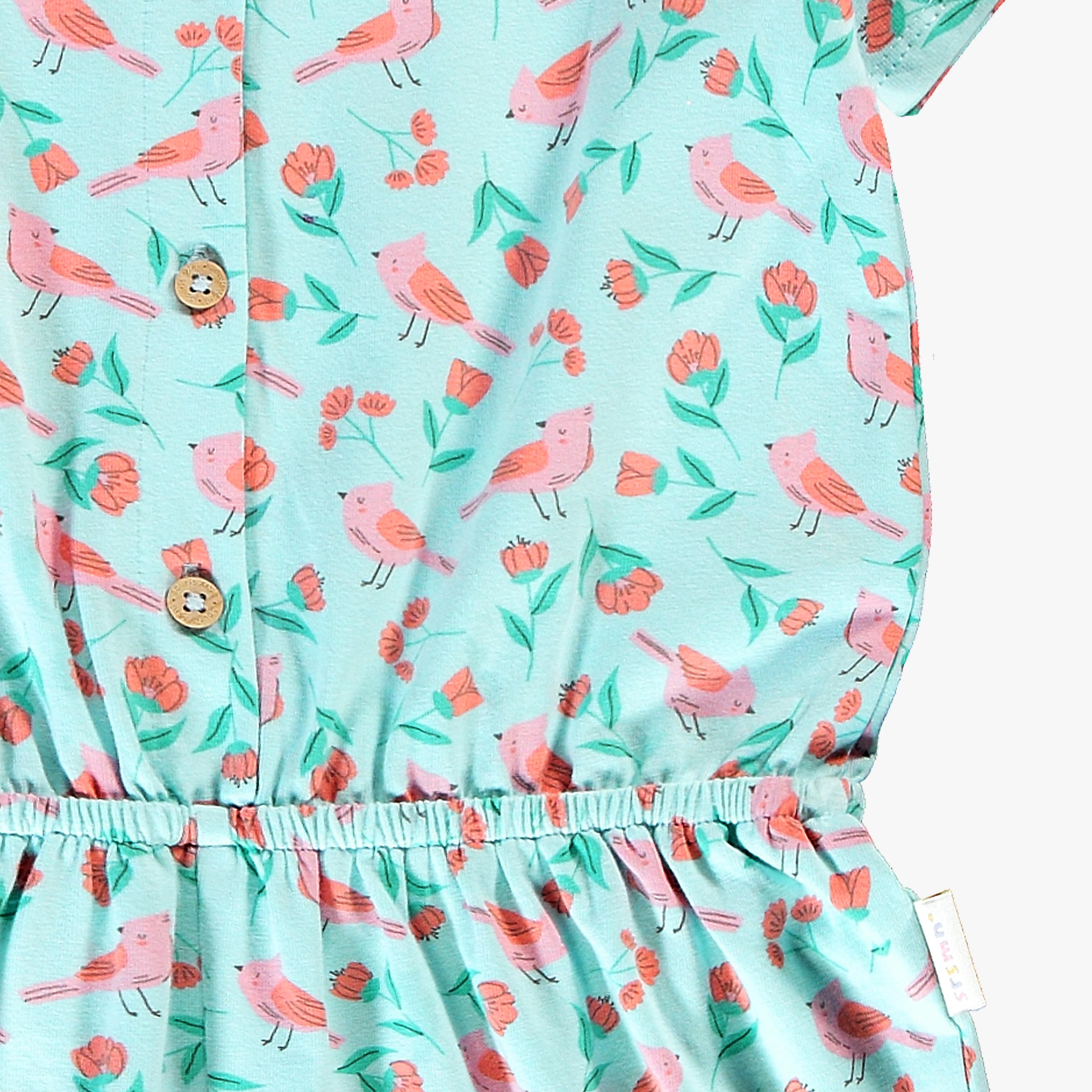 Zoom détails du combishort turquoise à motifs de fleurs et d’oiseaux, enfant