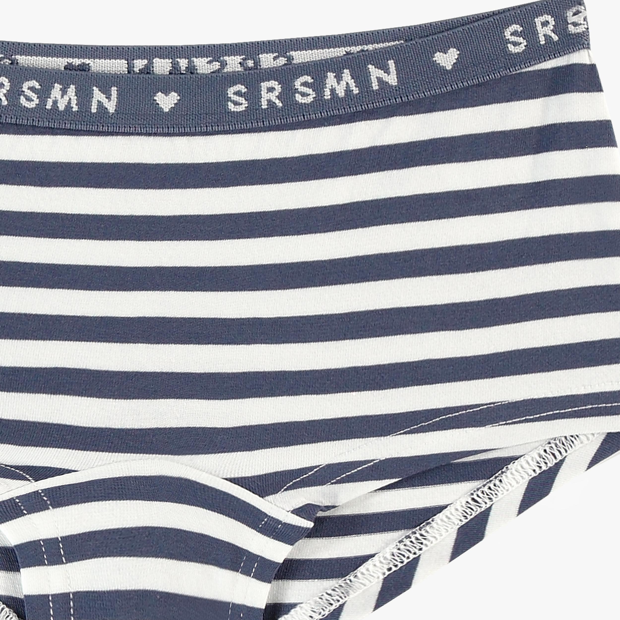 Zoom détails de la culotte garçonne marine et crème à rayures, enfant
