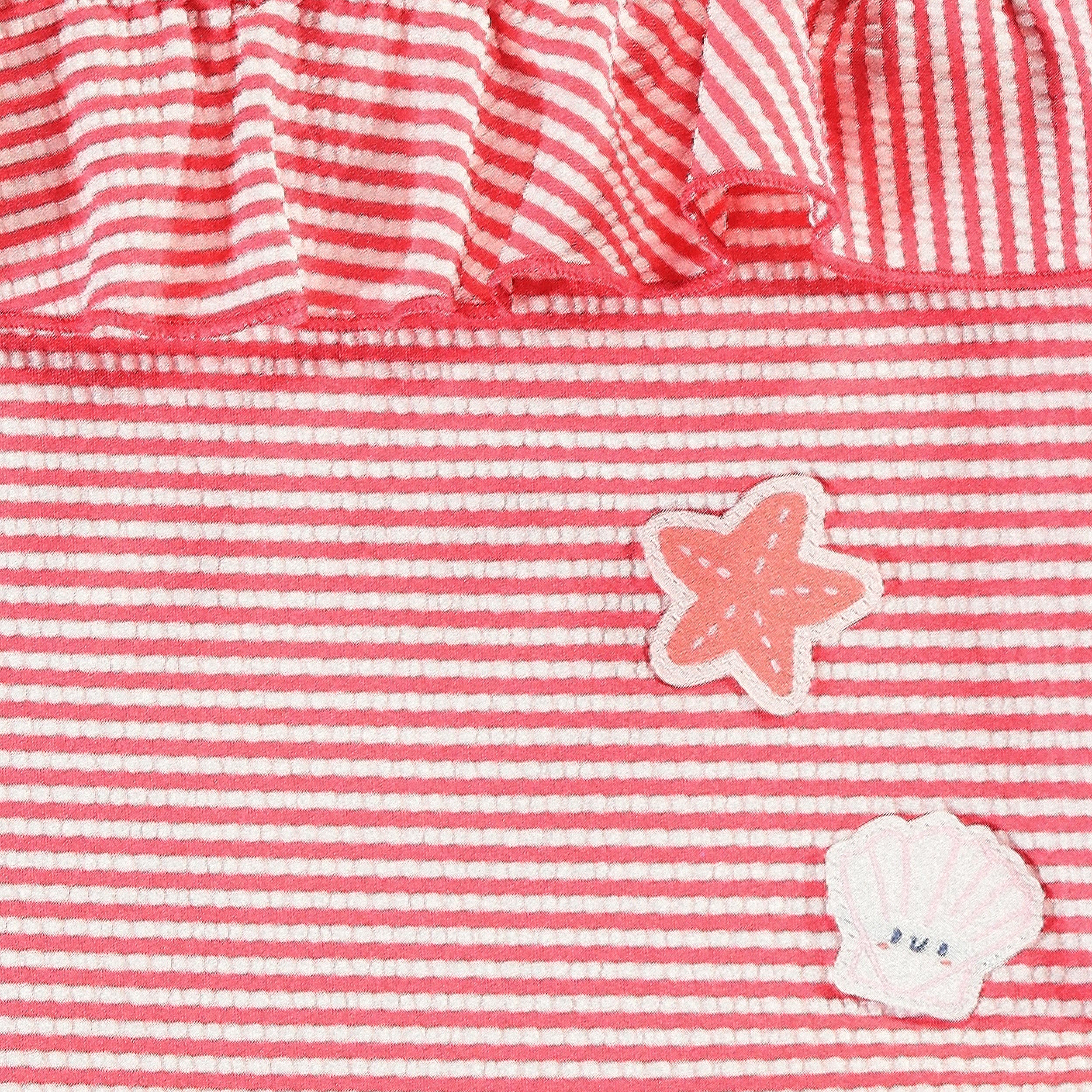Zoom détails du maillot de bain deux pièces rose et crème à rayures, enfant