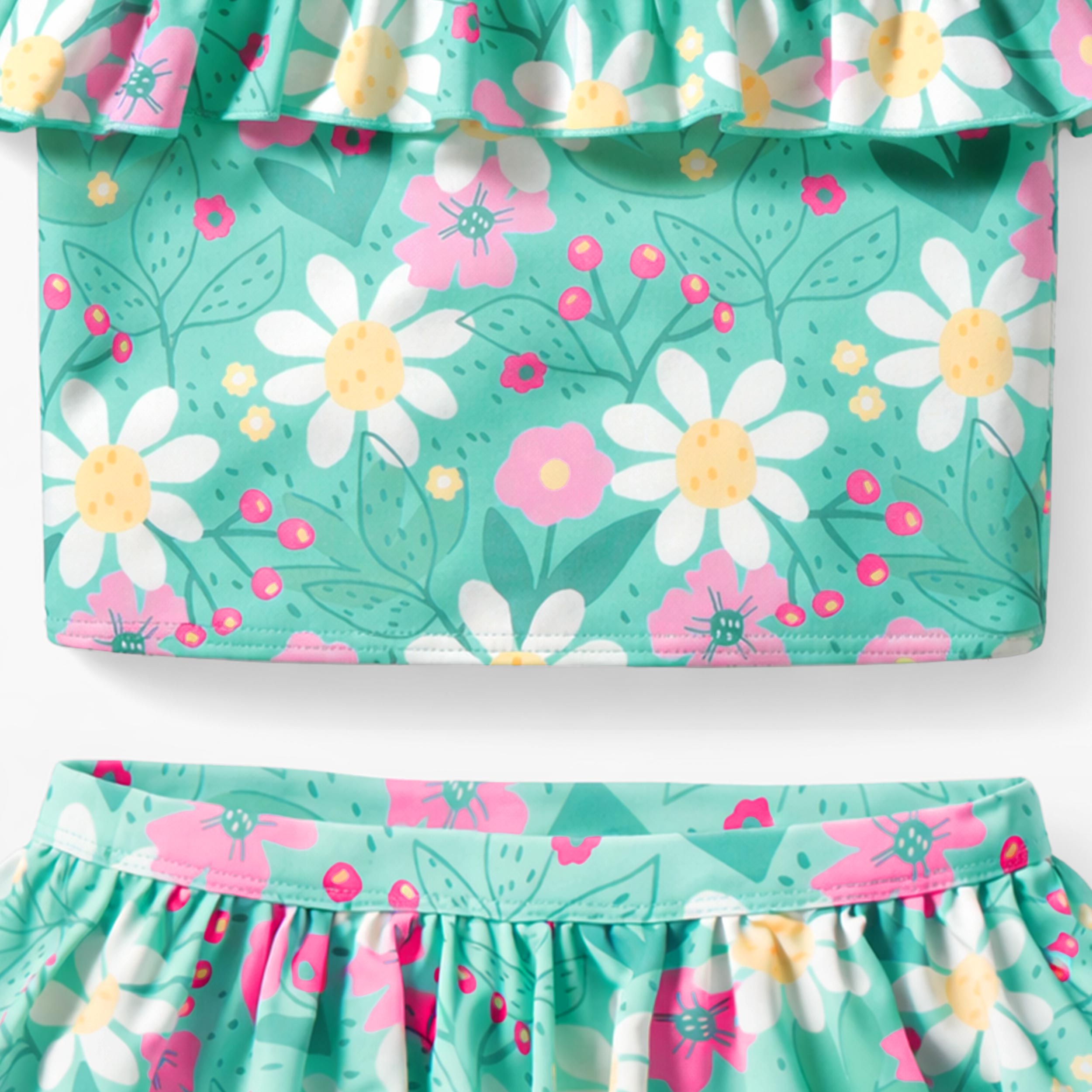 Zoom détails du maillot de bain deux pièces turquoise à motif floral, enfant