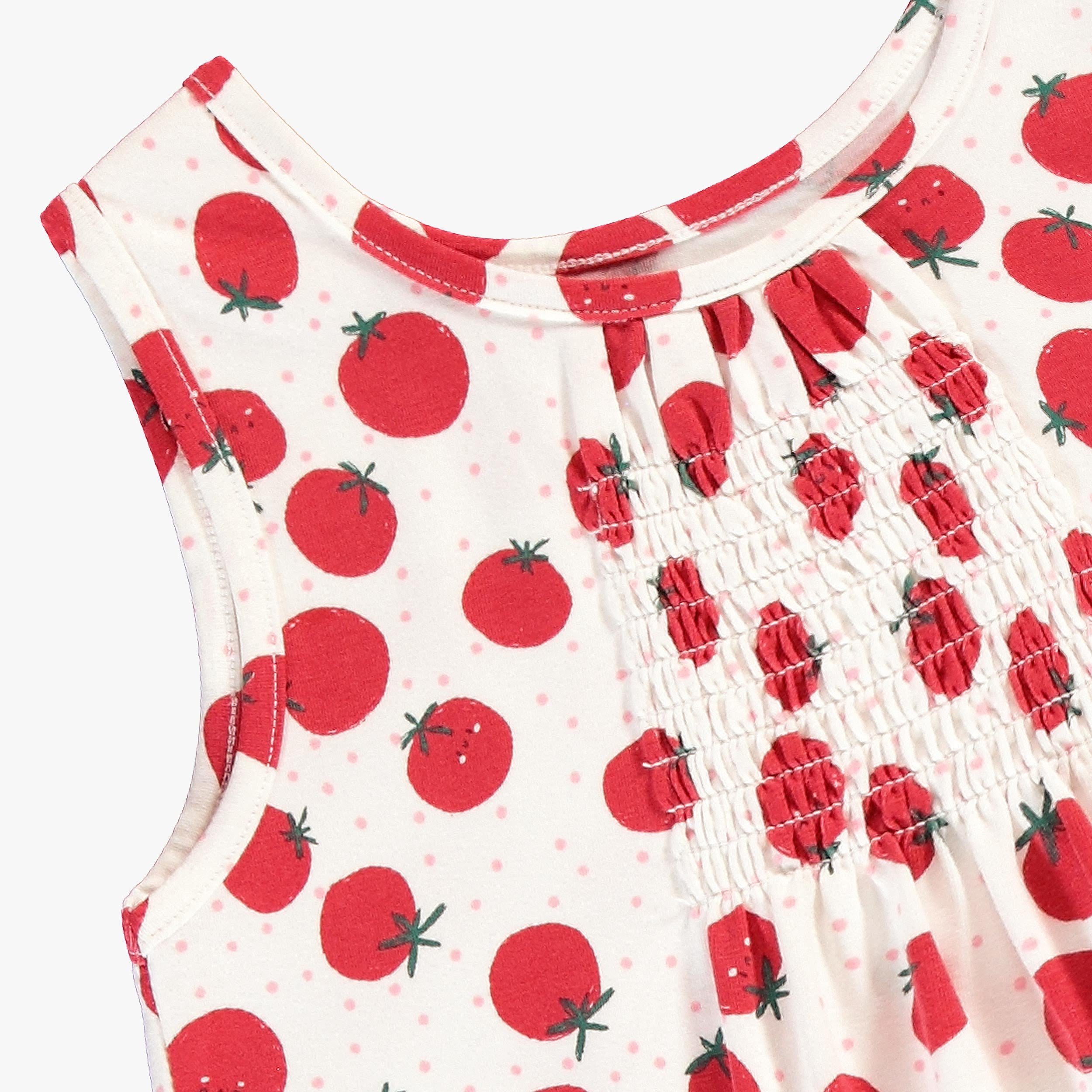 Zoom détails de la robe blanche à motifs de tomates, enfant