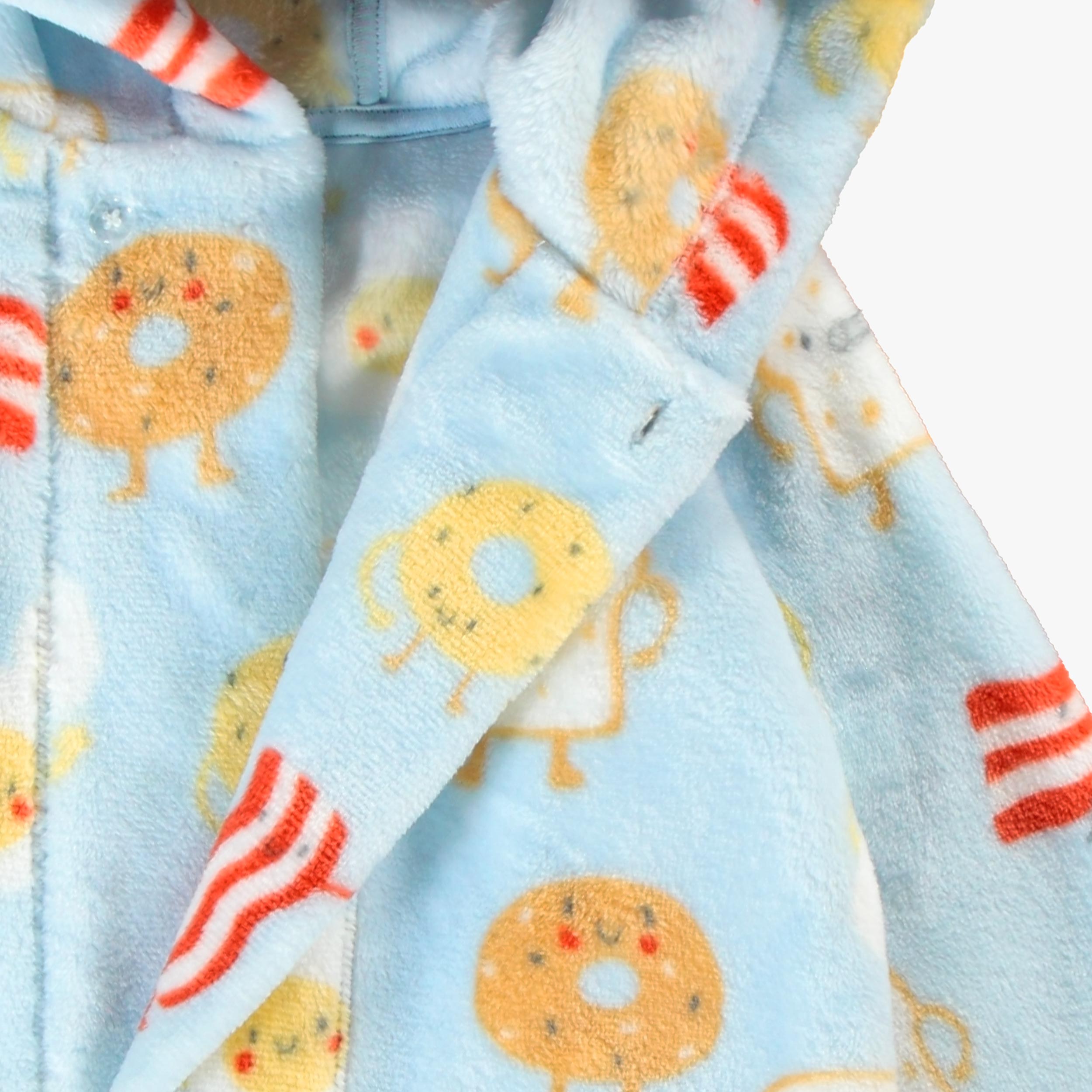 Zoom détails du la robe de chambre bleue en peluche à motifs de déjeuner, enfant