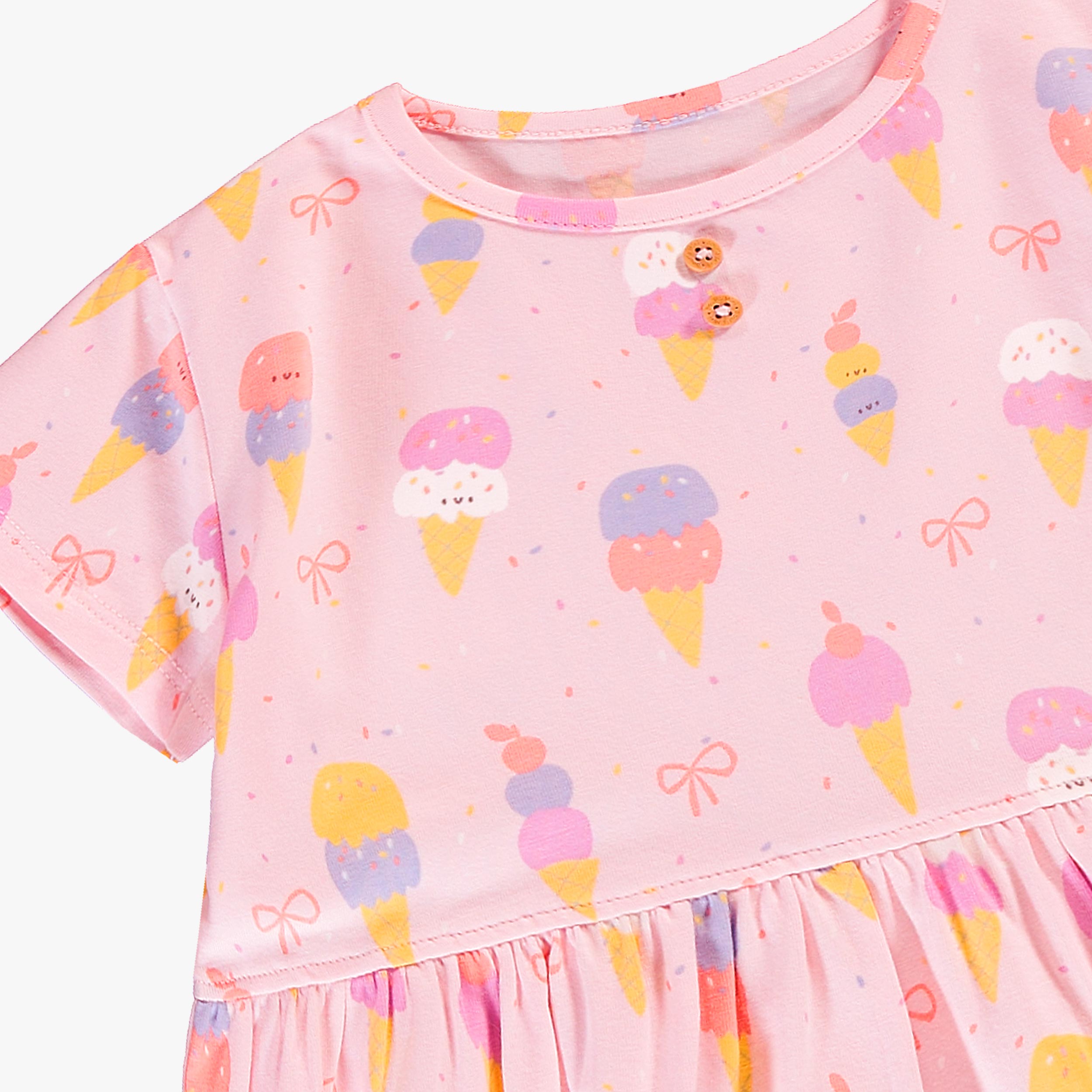 Zoom détails de la robe rose à motifs de crèmes glacées, bébé