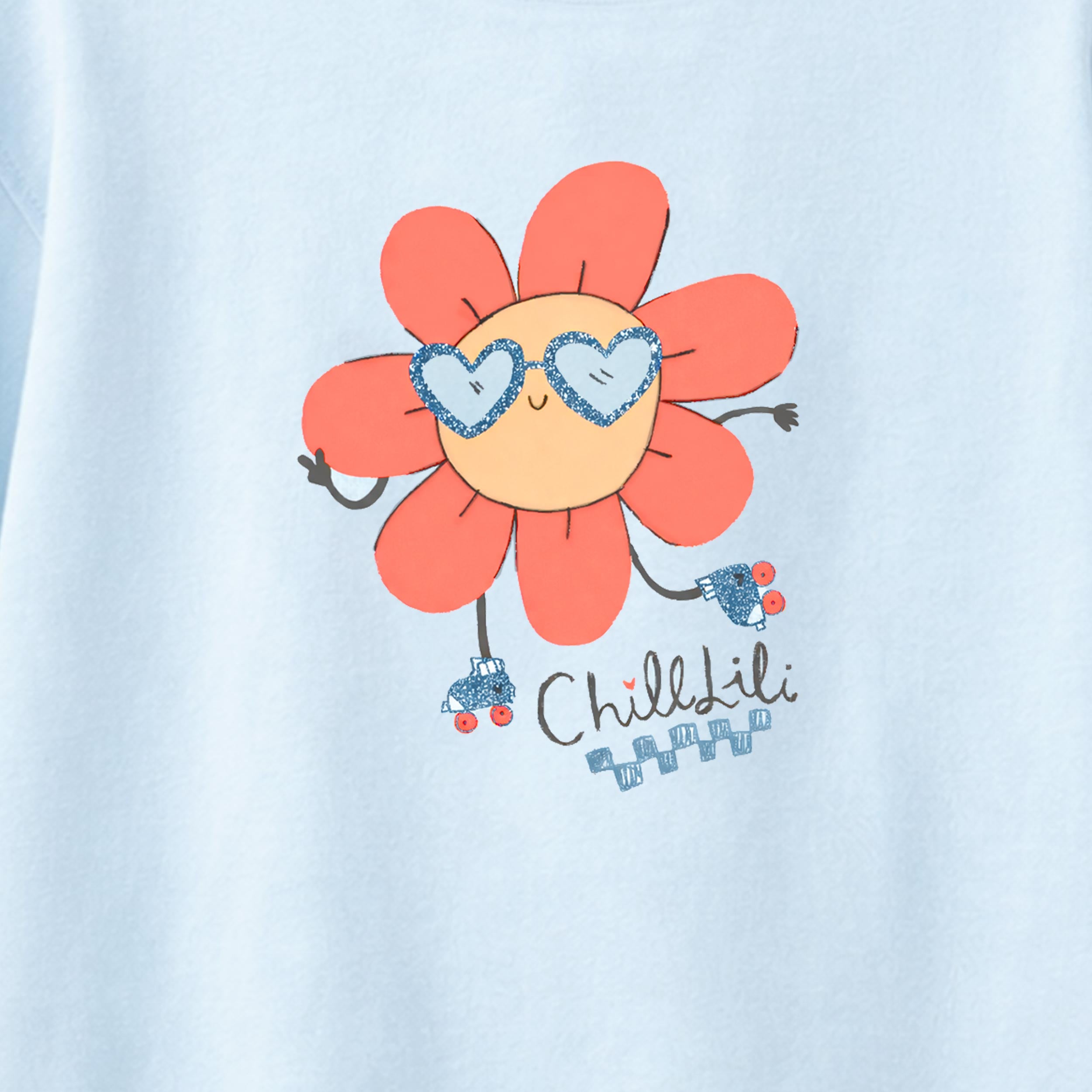 Zoom détails du t-shirt bleu avec illustration, enfant