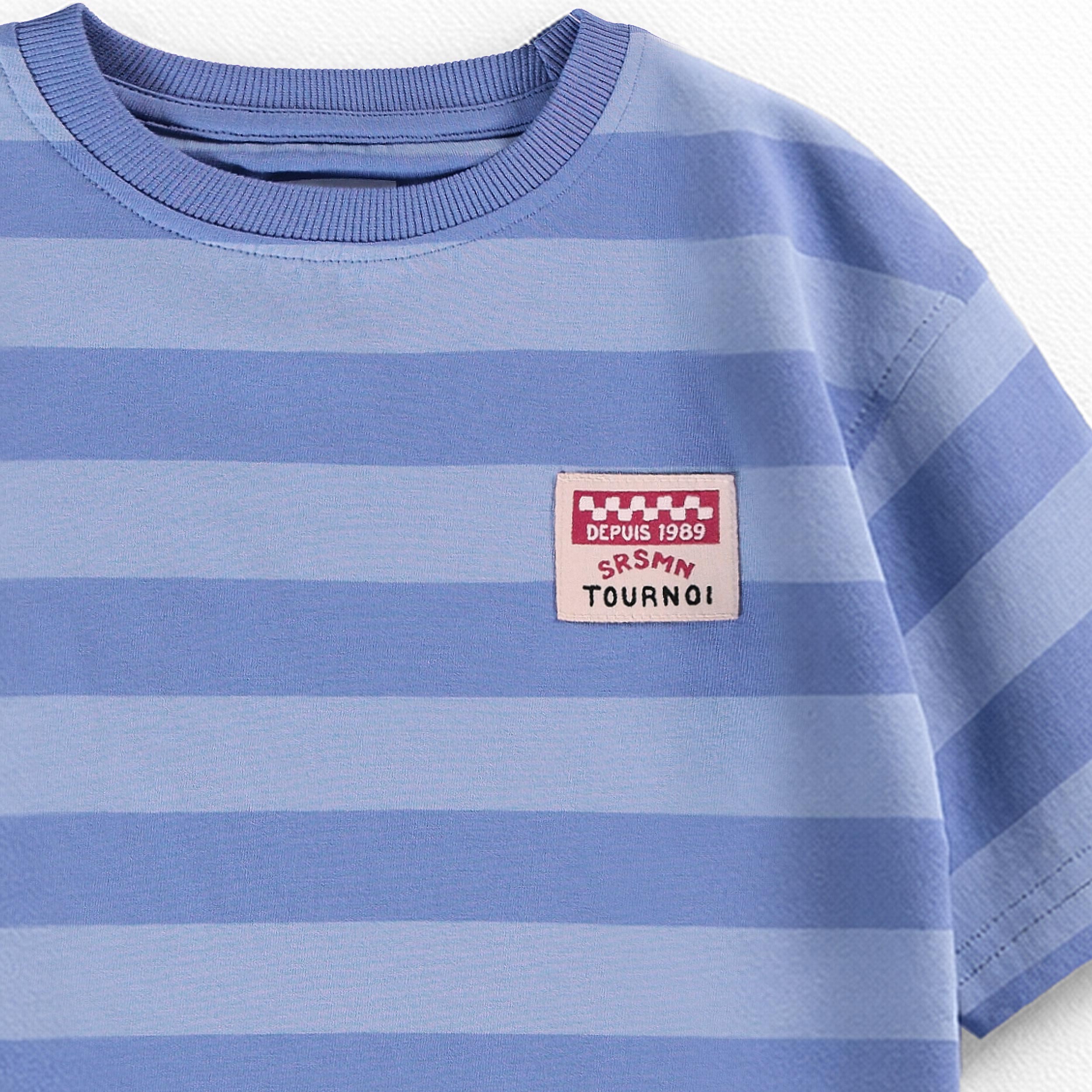 Zoom détails du t-shirt bleu à rayures, enfant